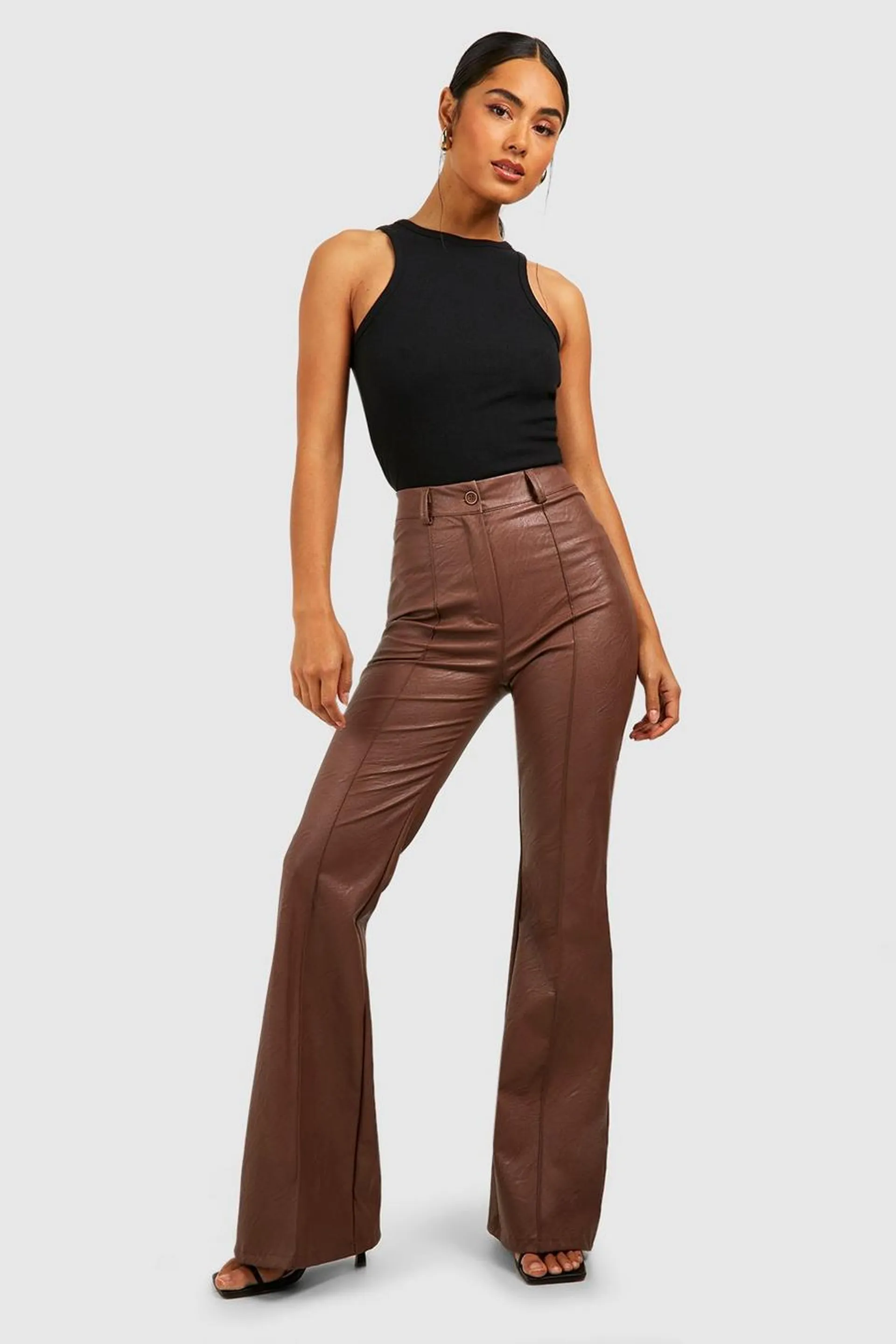Leather Look High Waisted Seam Front Flared Trousers