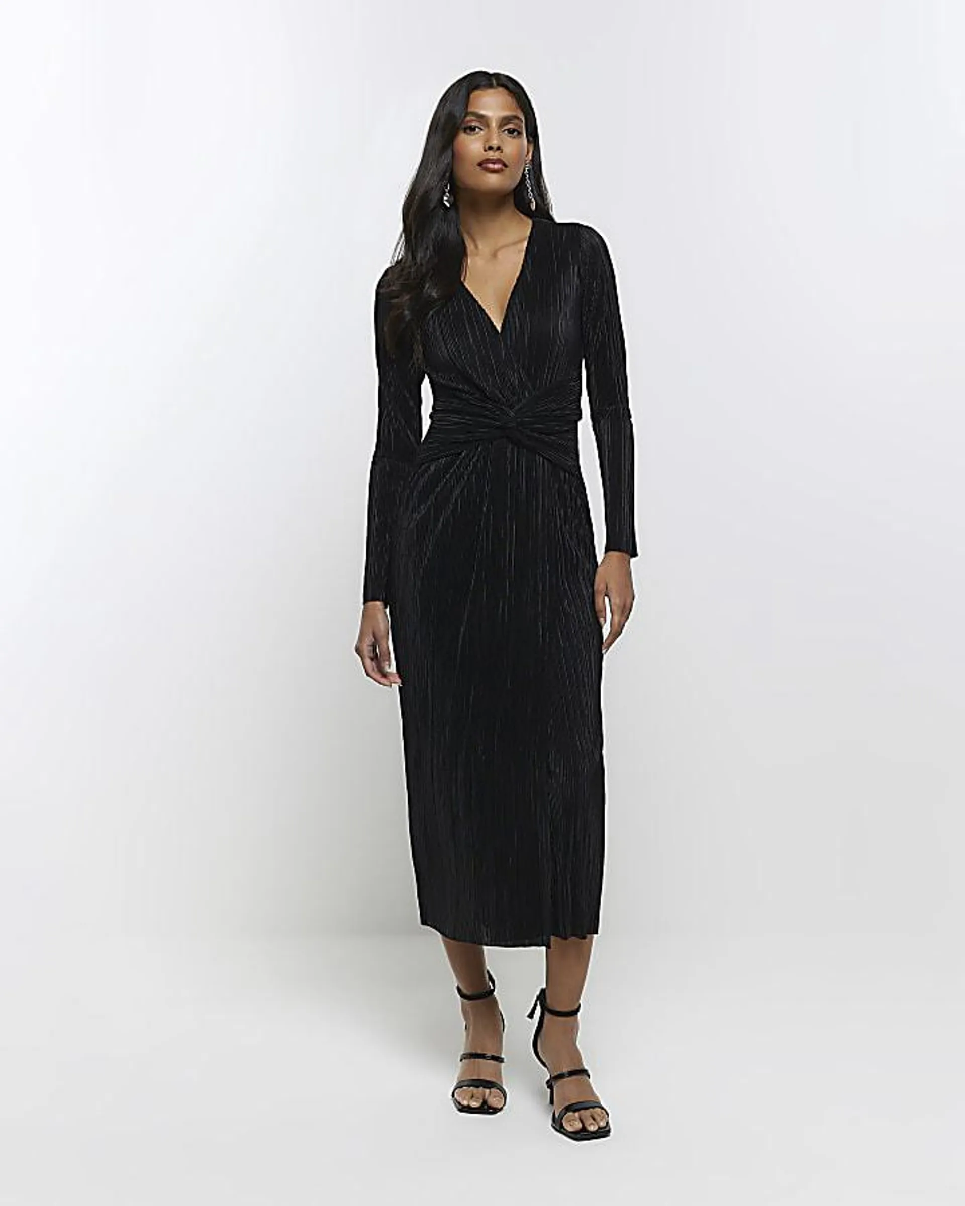 Black front twist plunge plisse midi dress