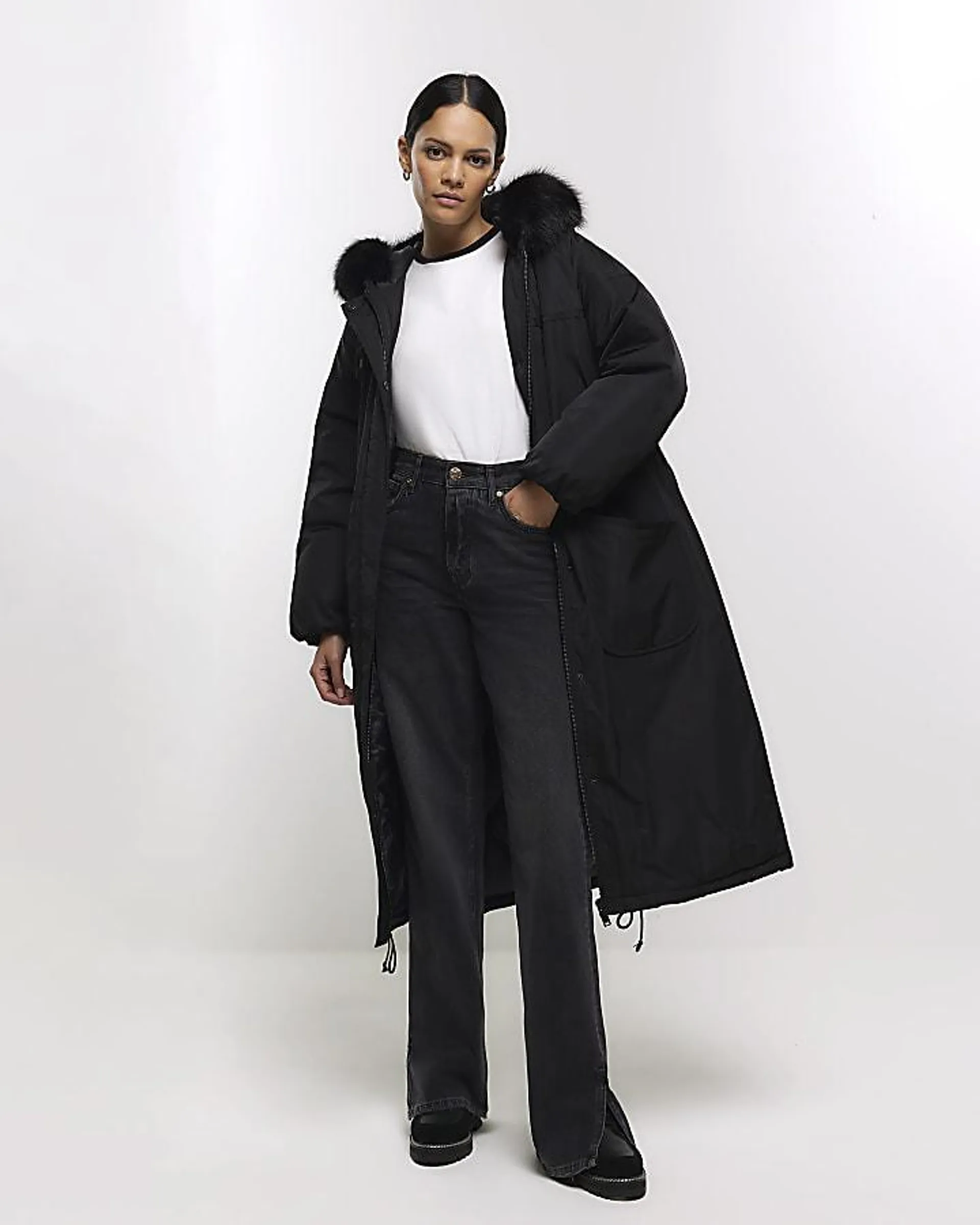 Black Faux Fur Trim padded Parka