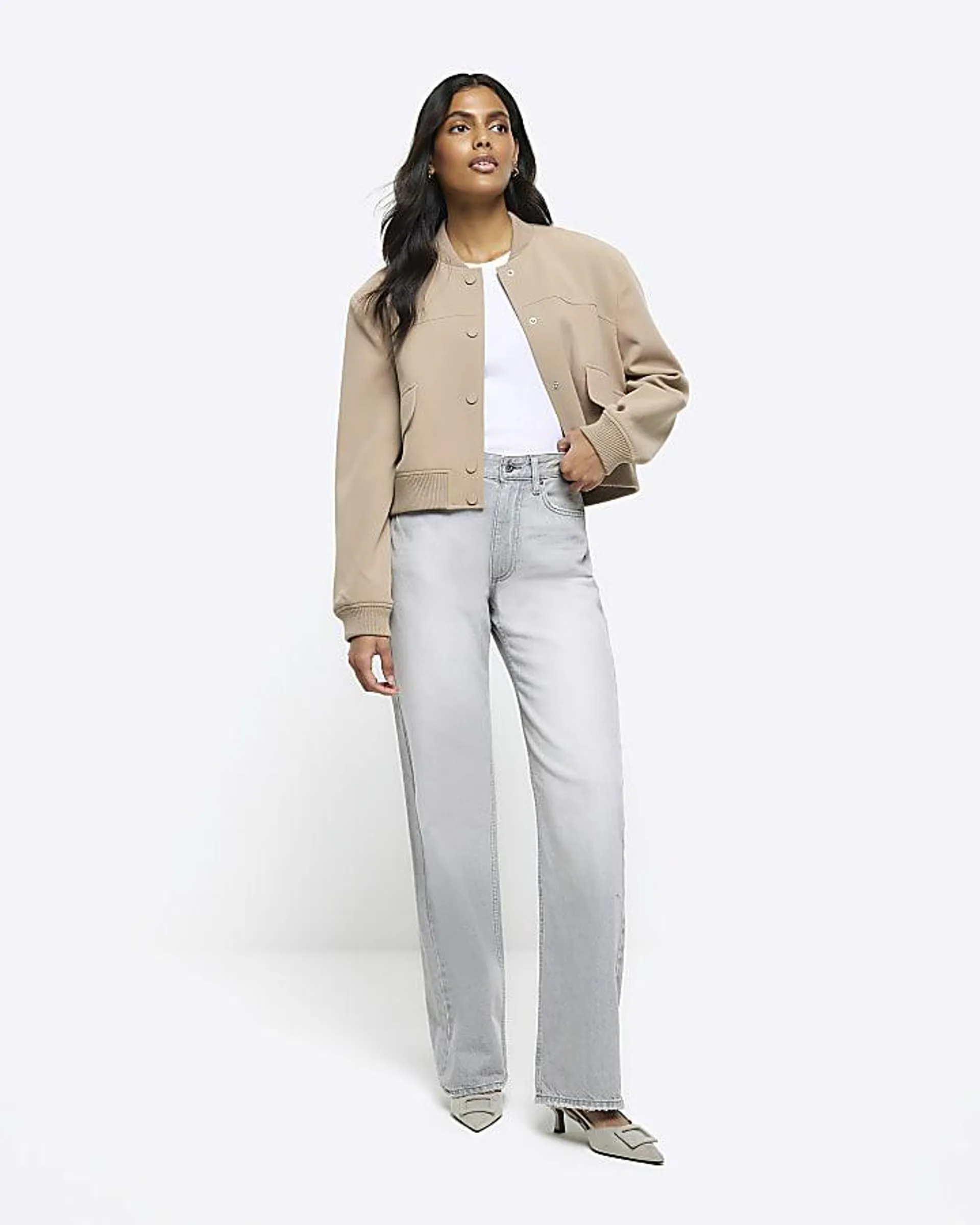 Grey faded high waisted straight jeans