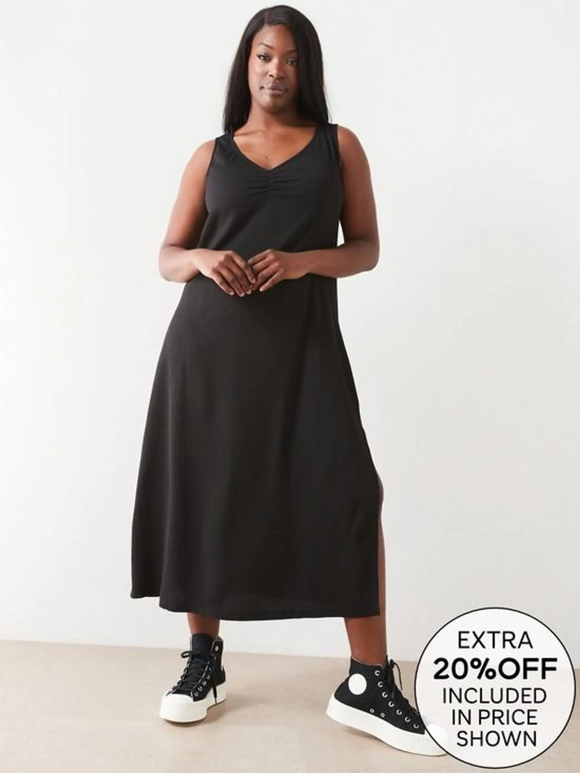 Textured Sleeveless Midi Dress - Black