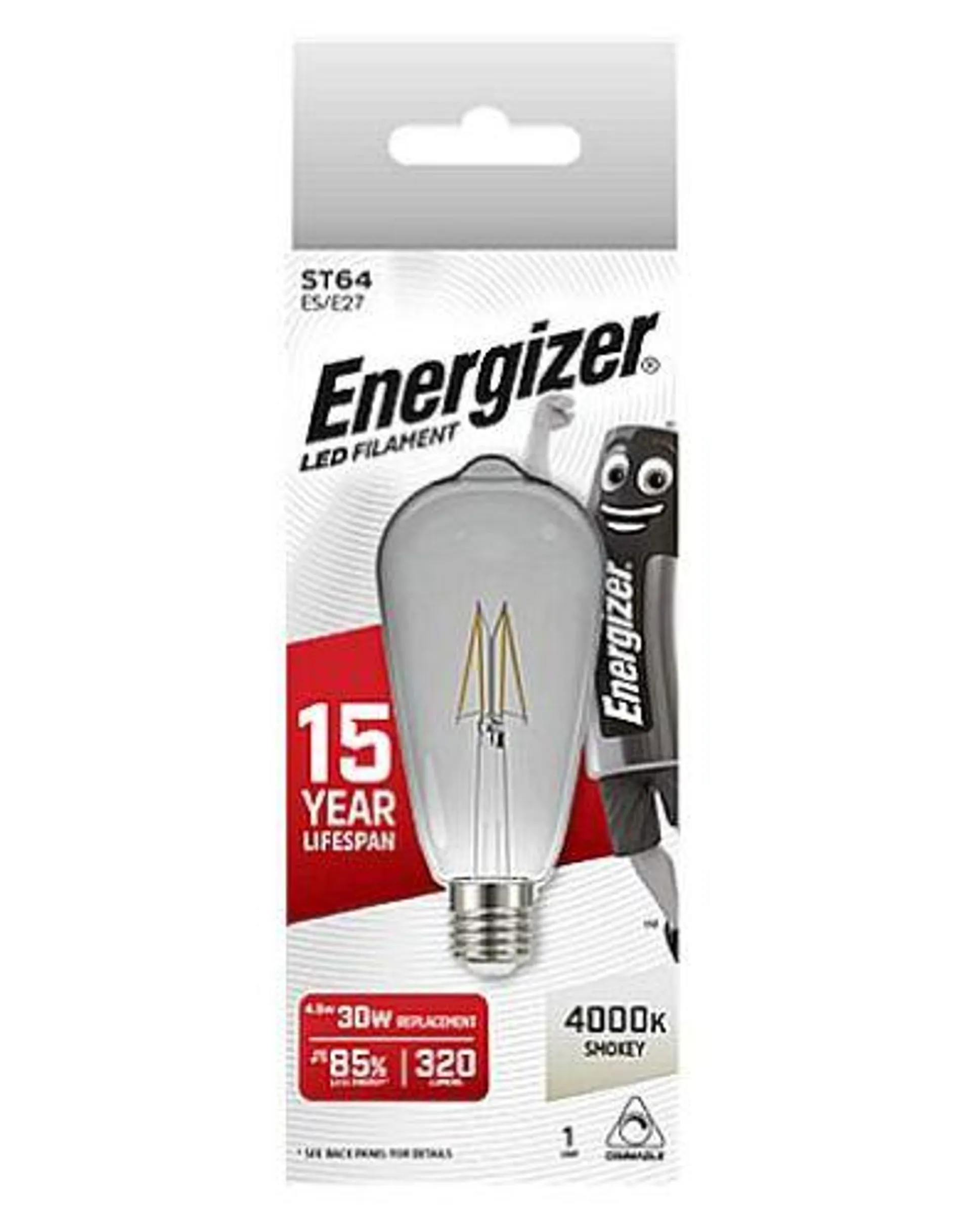 Energizer 4.5W (30W) E27 ST64 Dimmable LED Cage Filament Smokey