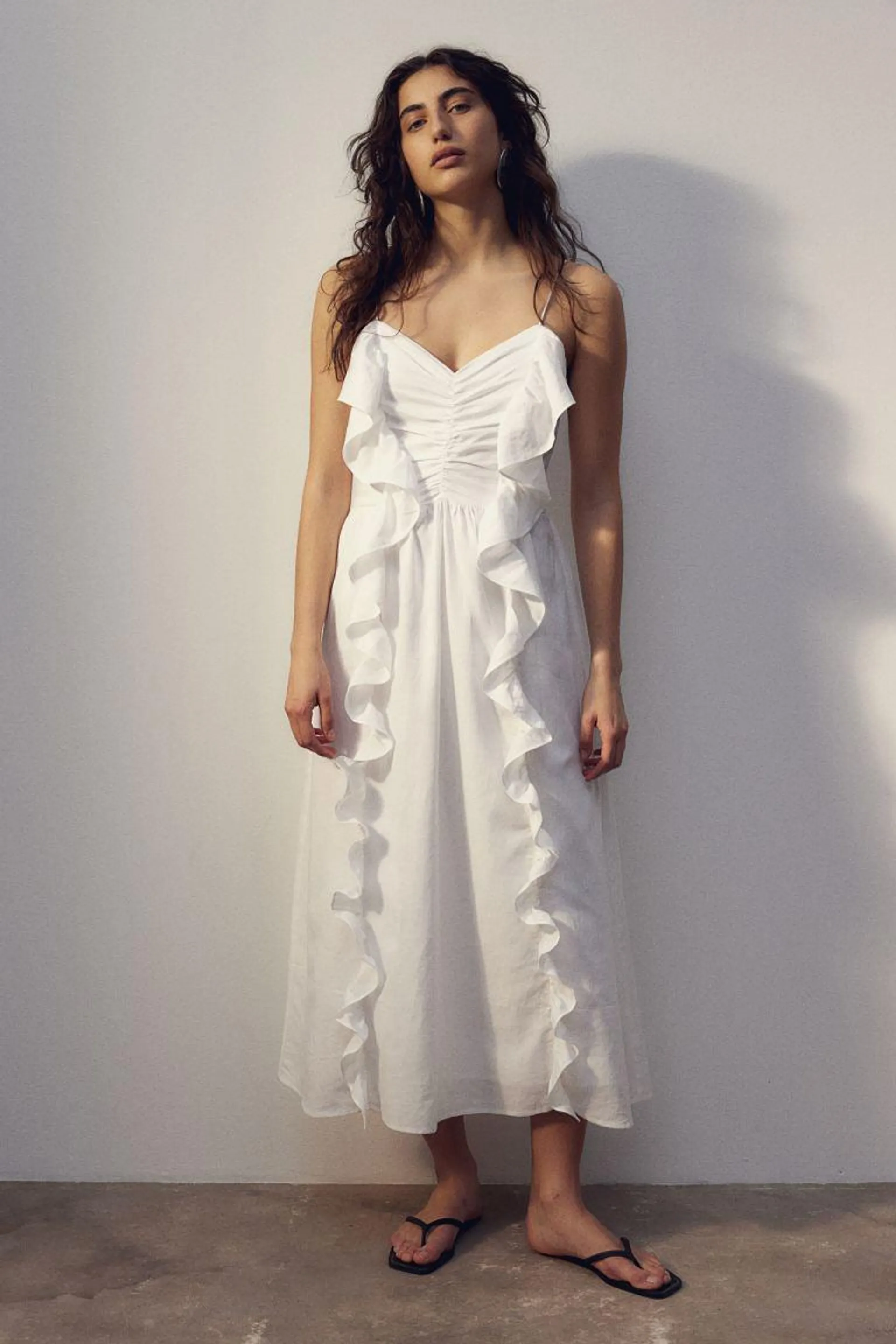 Linen-blend frill-trimmed dress