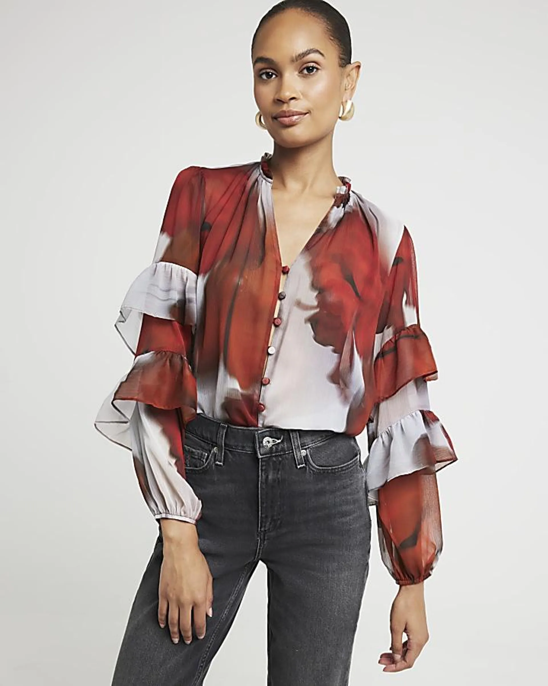 Red abstract print frill blouse