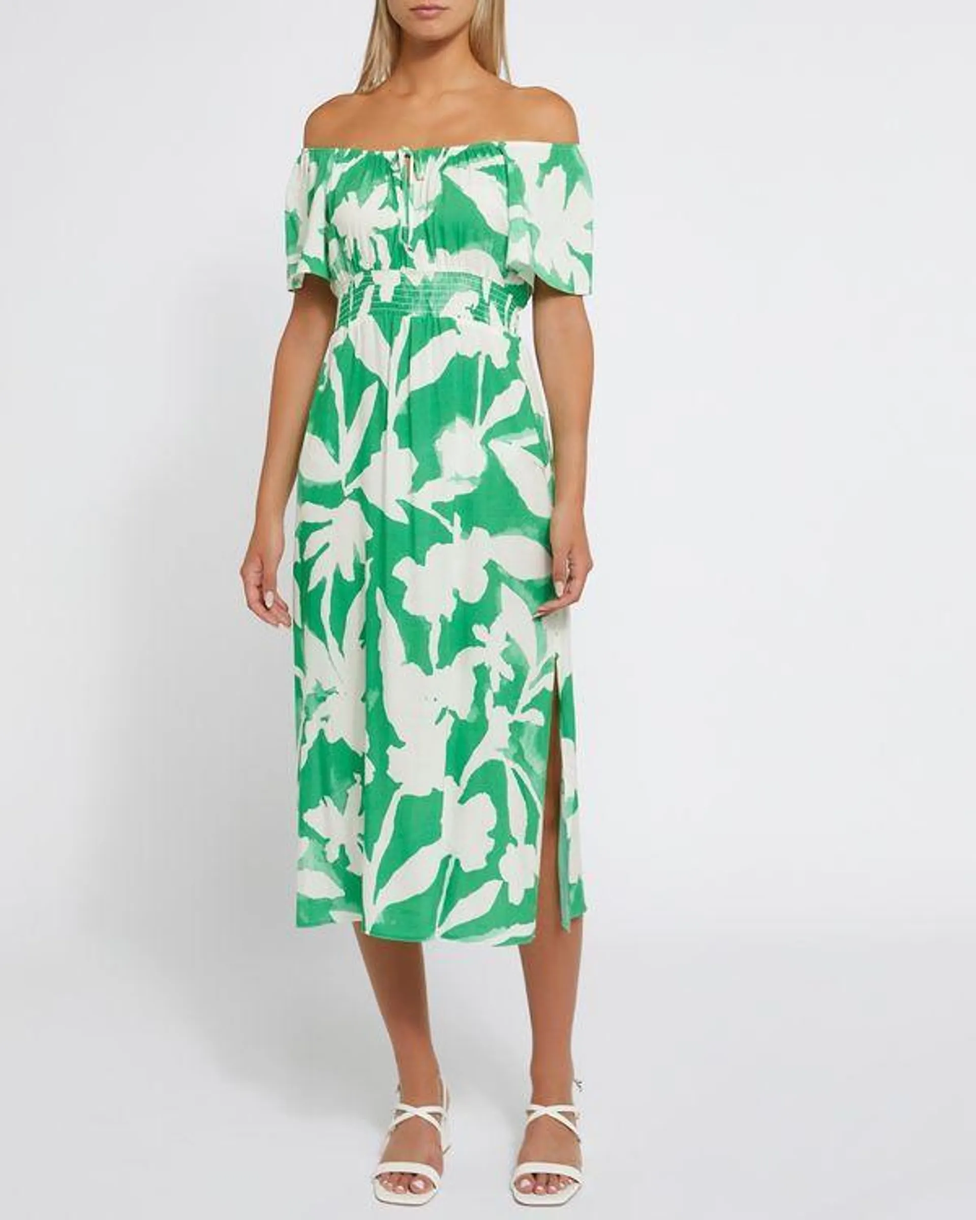 Printed Ruched Bardot Midi Dress
