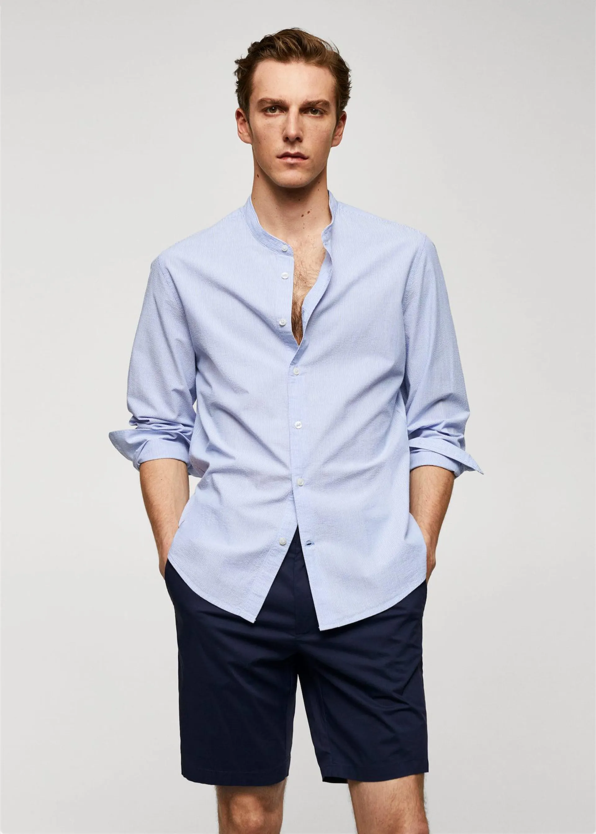 Cotton seersucker shirt with multiple stripes