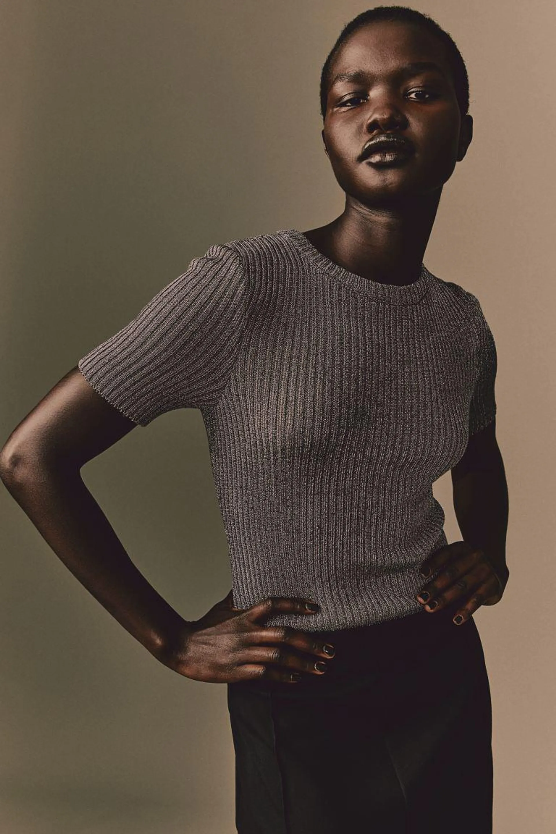 Metallic rib-knit top