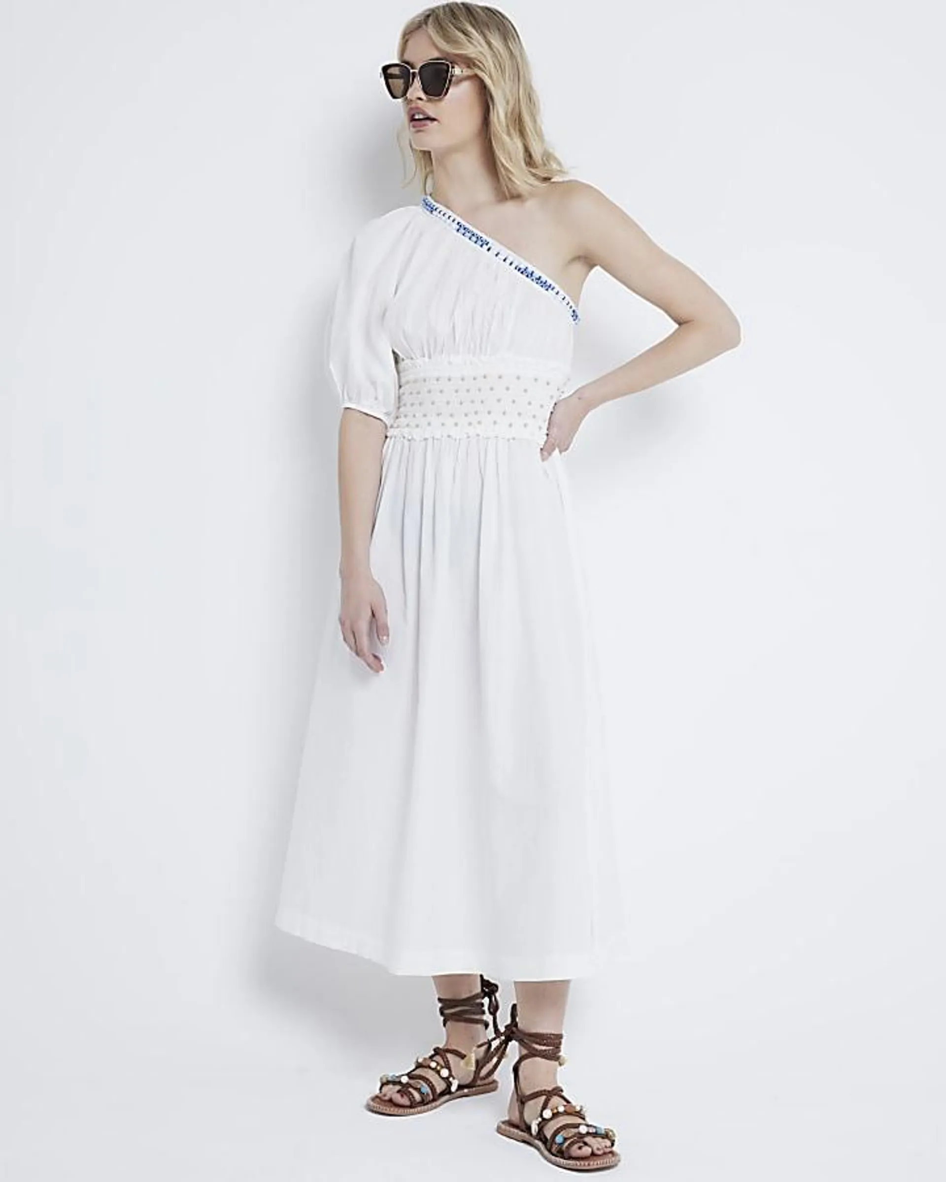 White one shoulder beaded midi dress