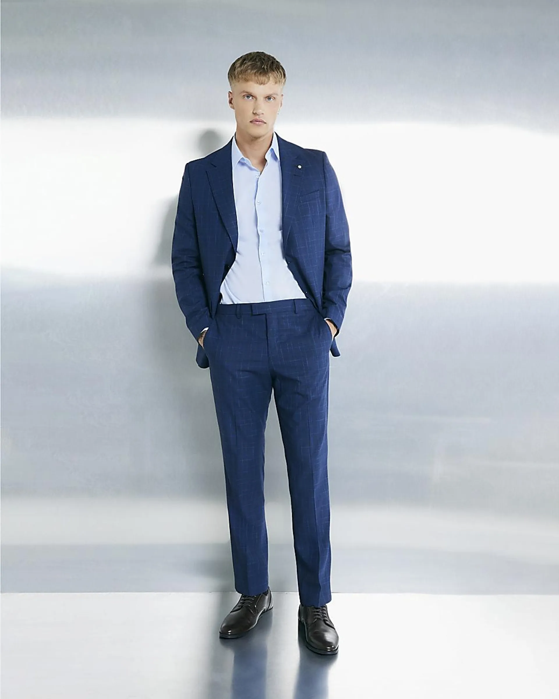 Navy Tailored Fit Check Suit Trousers