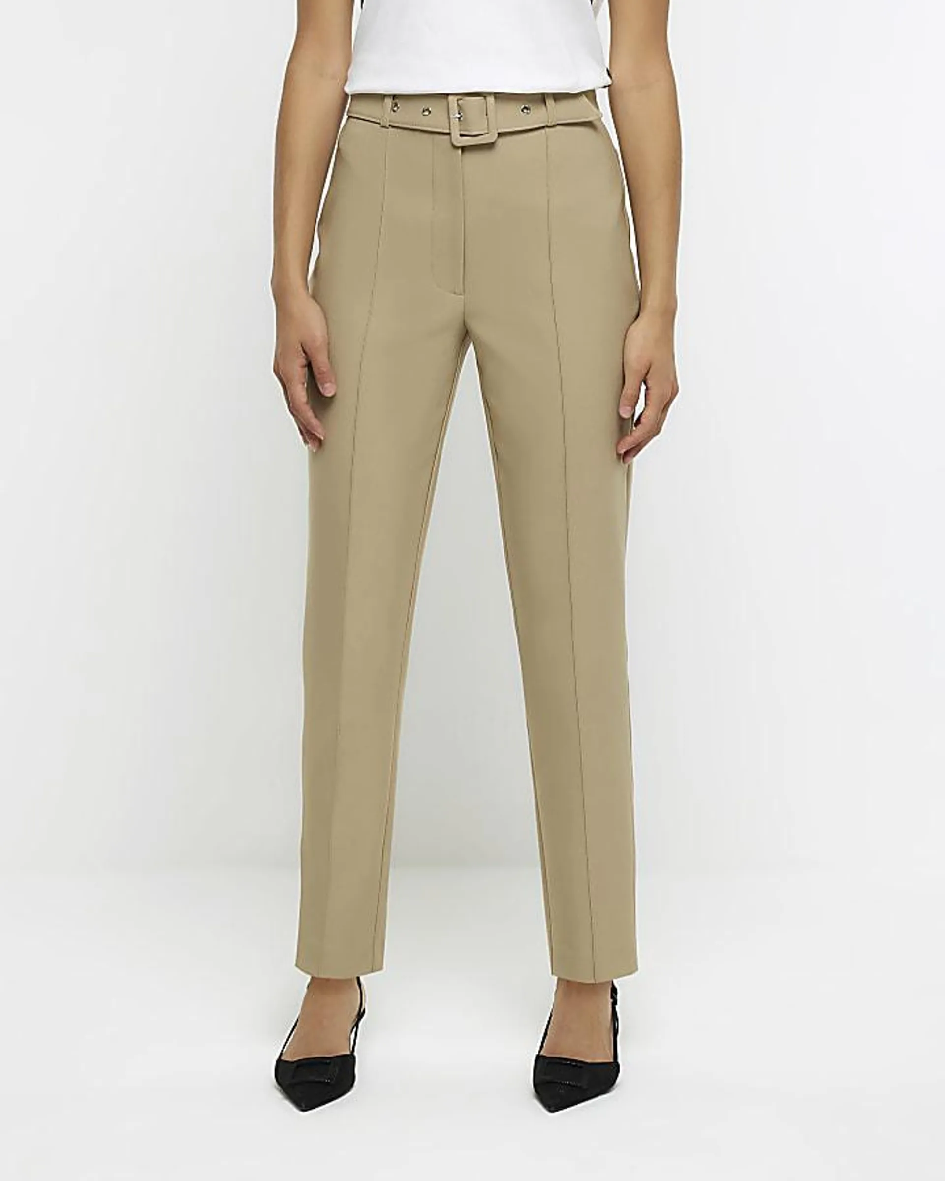 Beige belted slim trousers