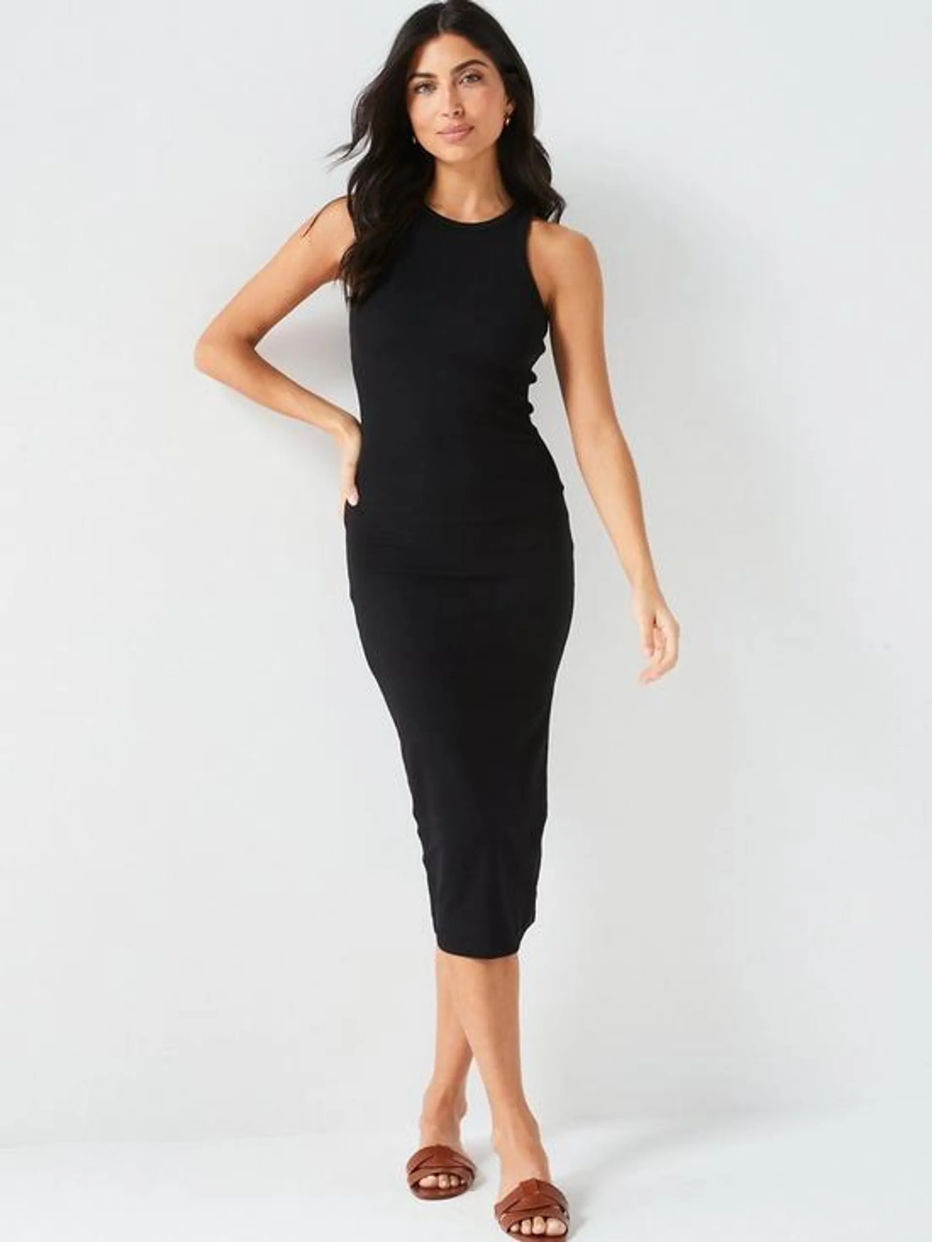 Ribbed Racer Back Midaxi Dress - Black