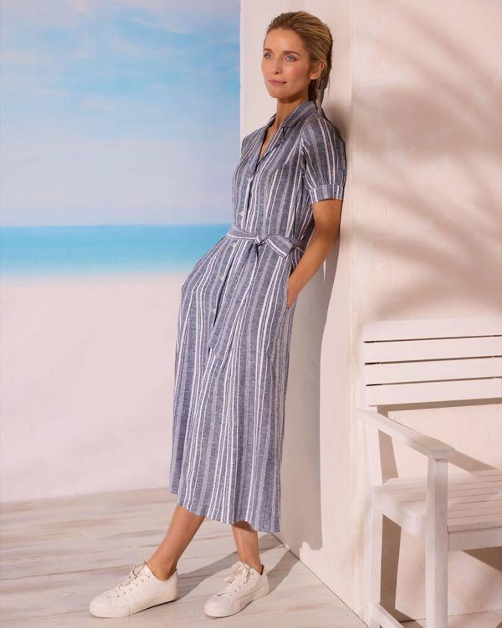 Paul Costelloe Living Studio Navy Stripe Linen Dress
