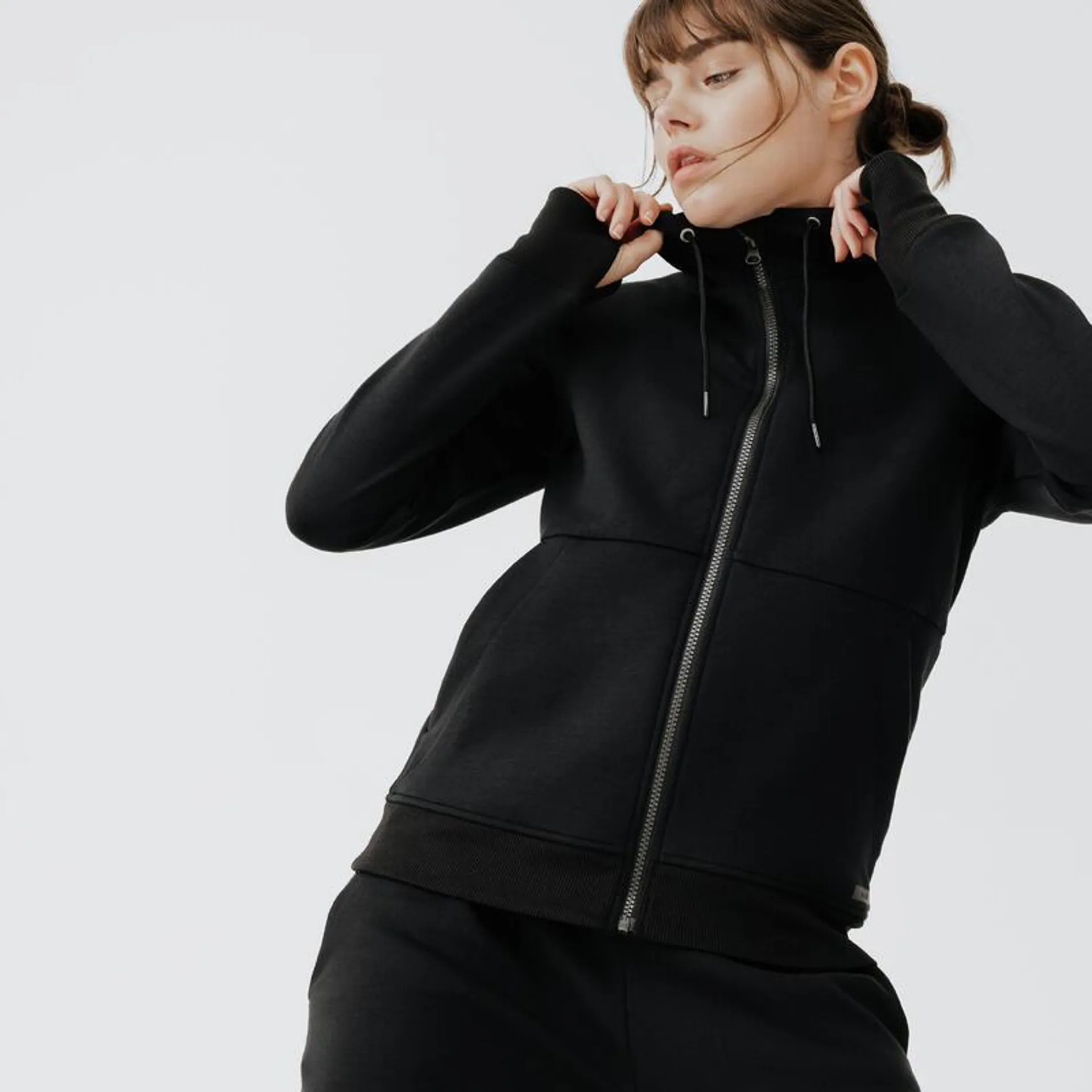 Sudadera chaqueta capucha running Mujer Jogger 500 negro