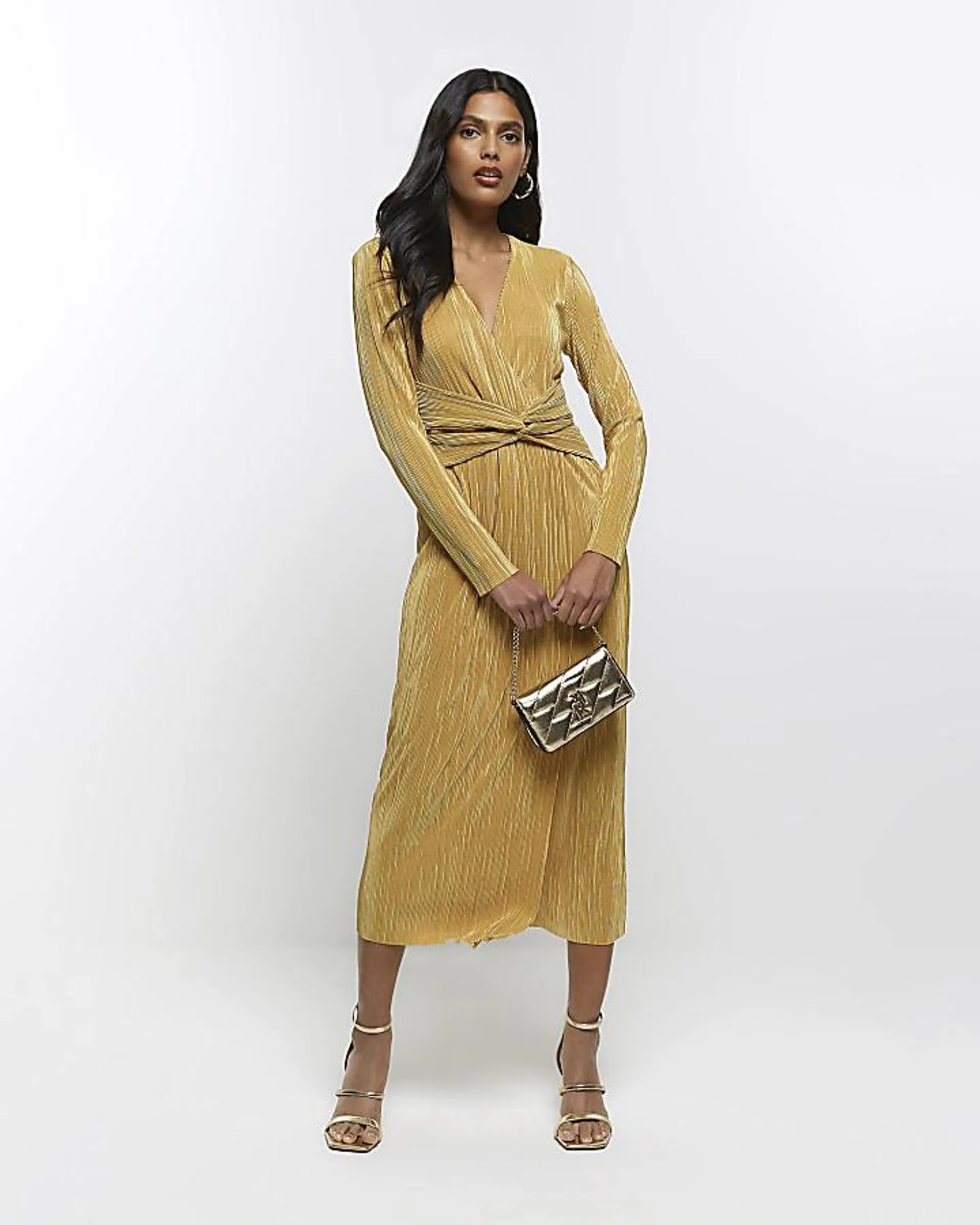 Gold front twist plunge plisse midi dress