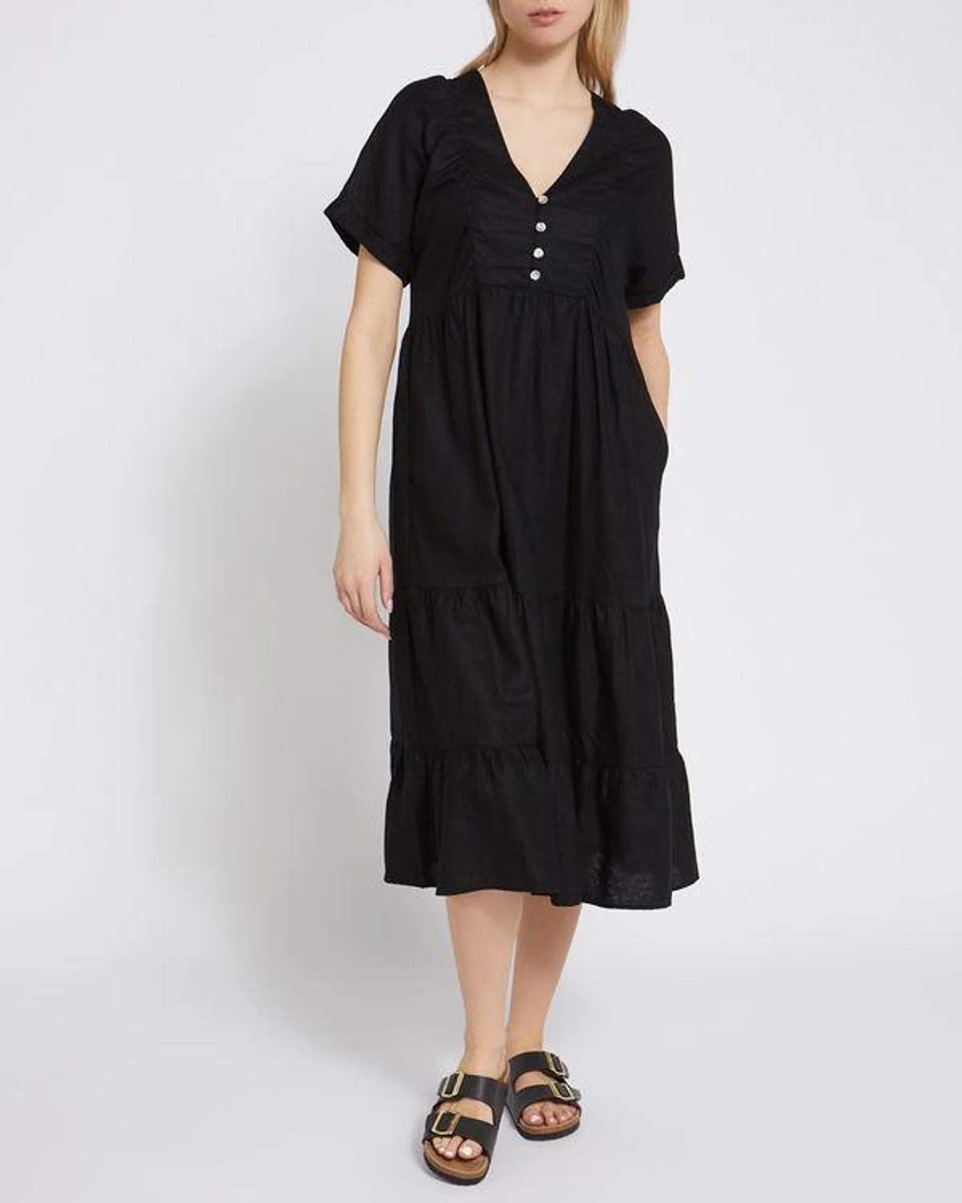 Midi Linen Mix Tiered Dress