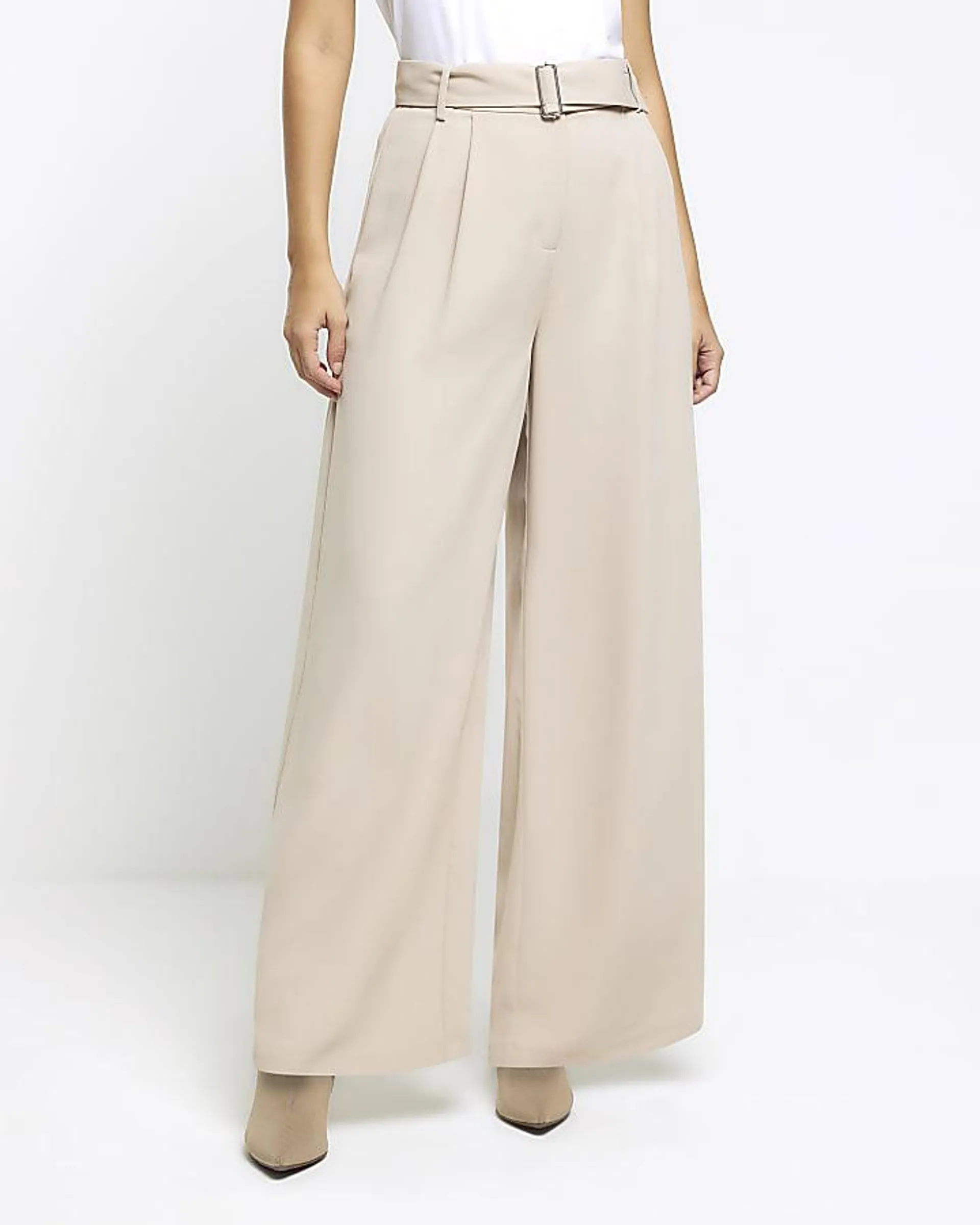 Beige belted wide leg trousers