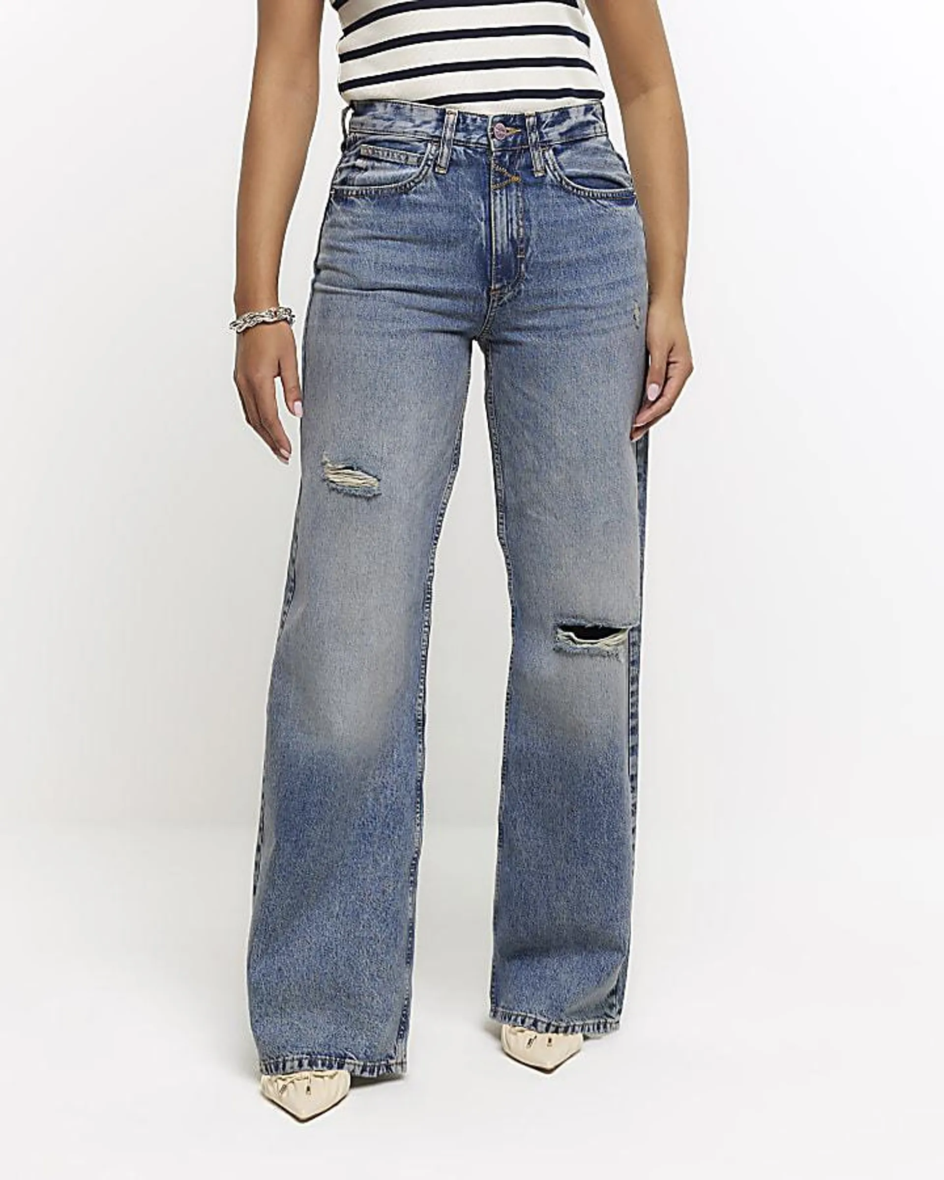 Blue mid rise ripped wide leg jeans