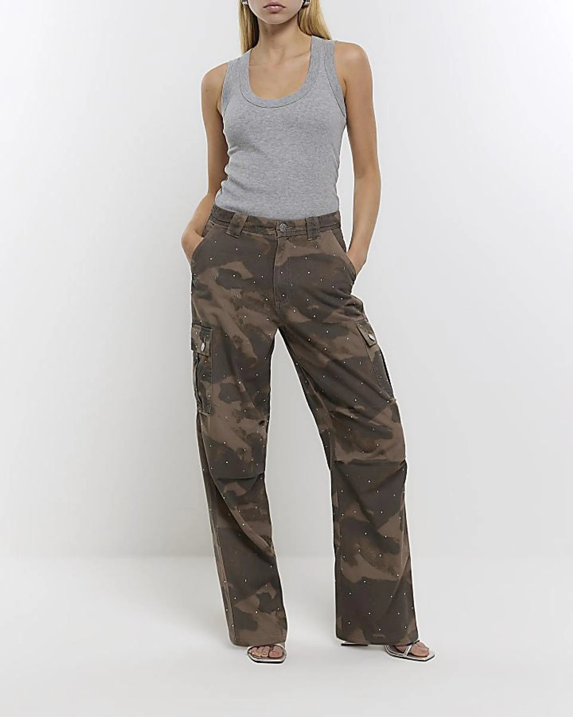 Khaki camo embellished cargo trousers