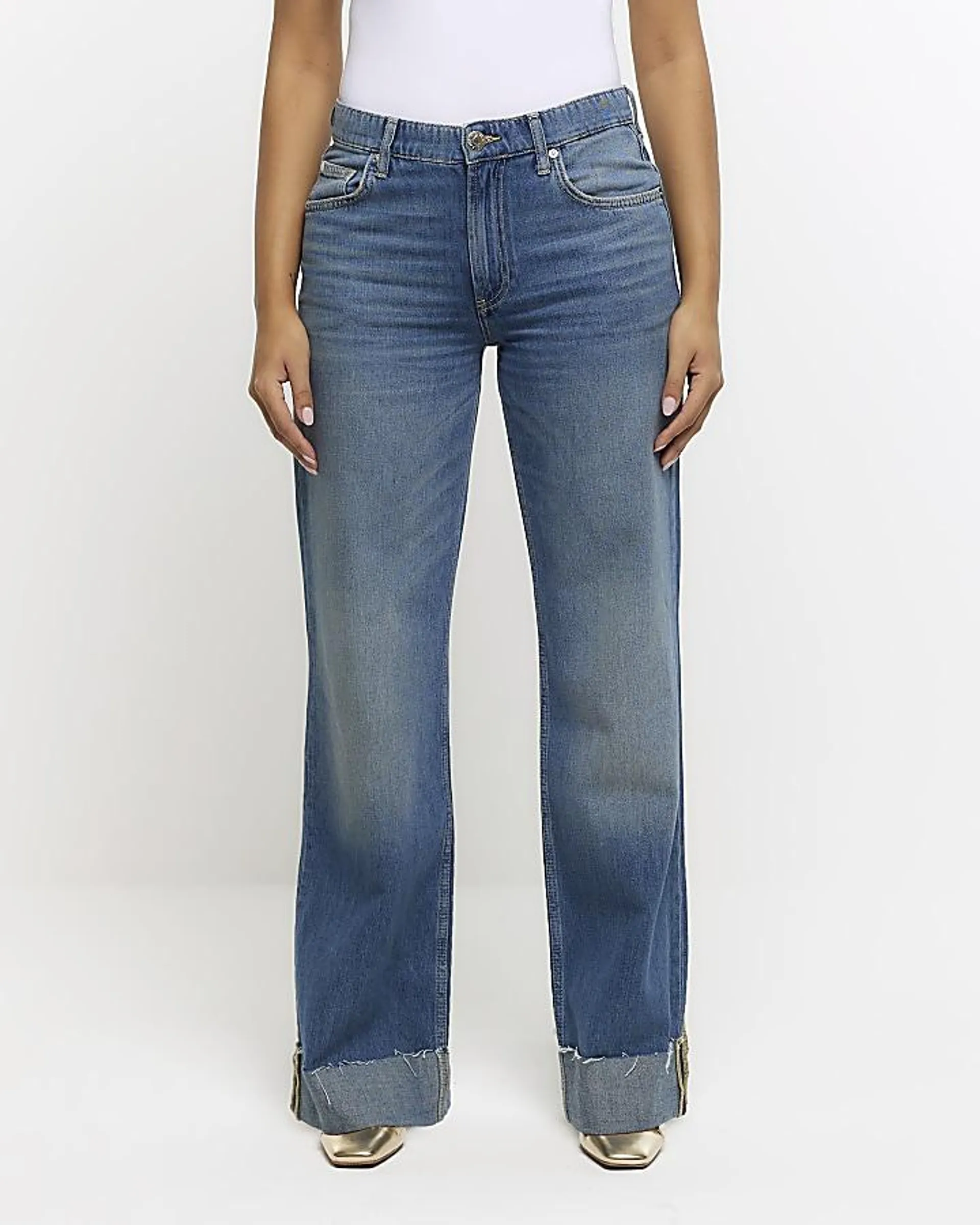 Blue mid rise loose baggy jeans