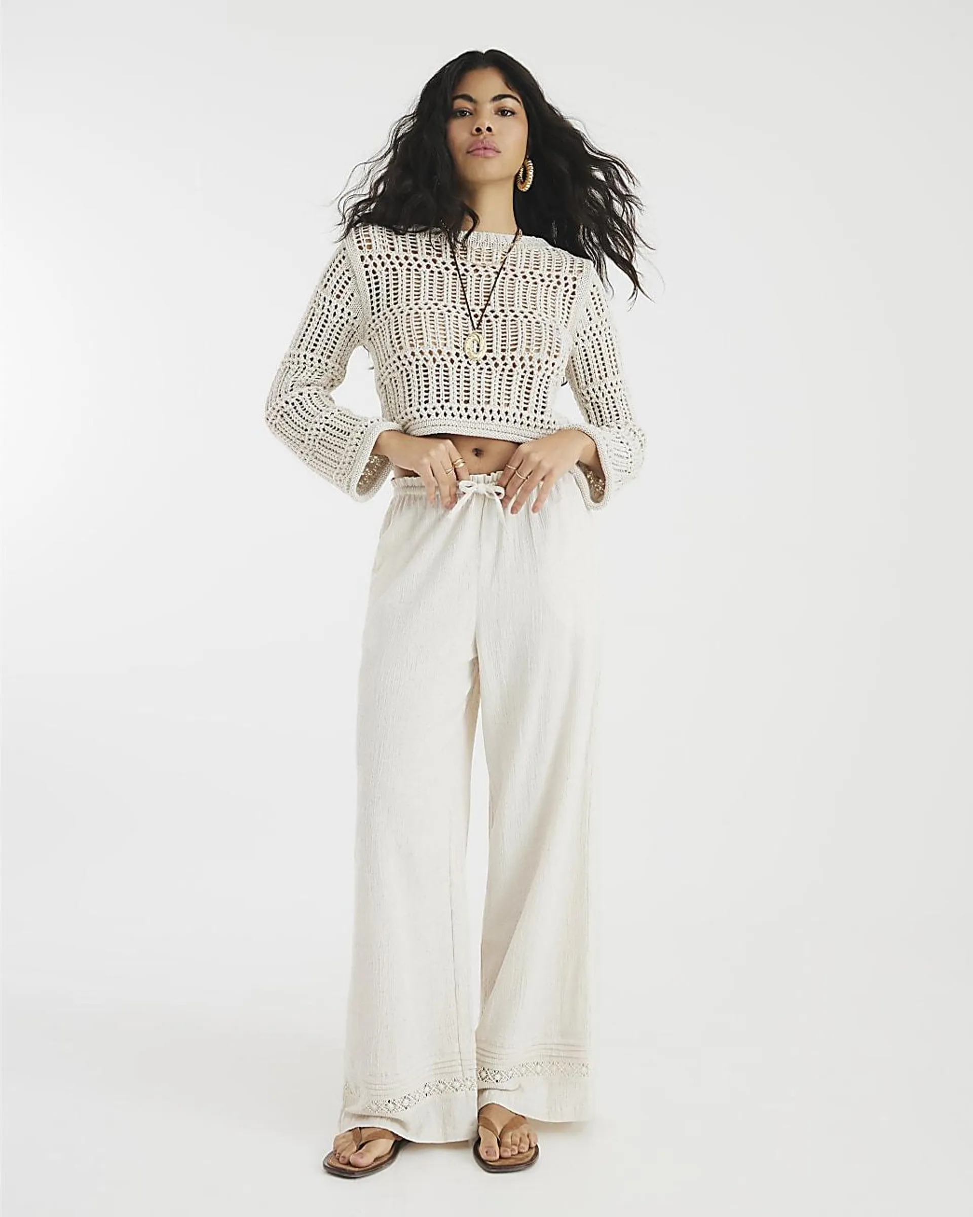 Beige Crochet Long Sleeve Top