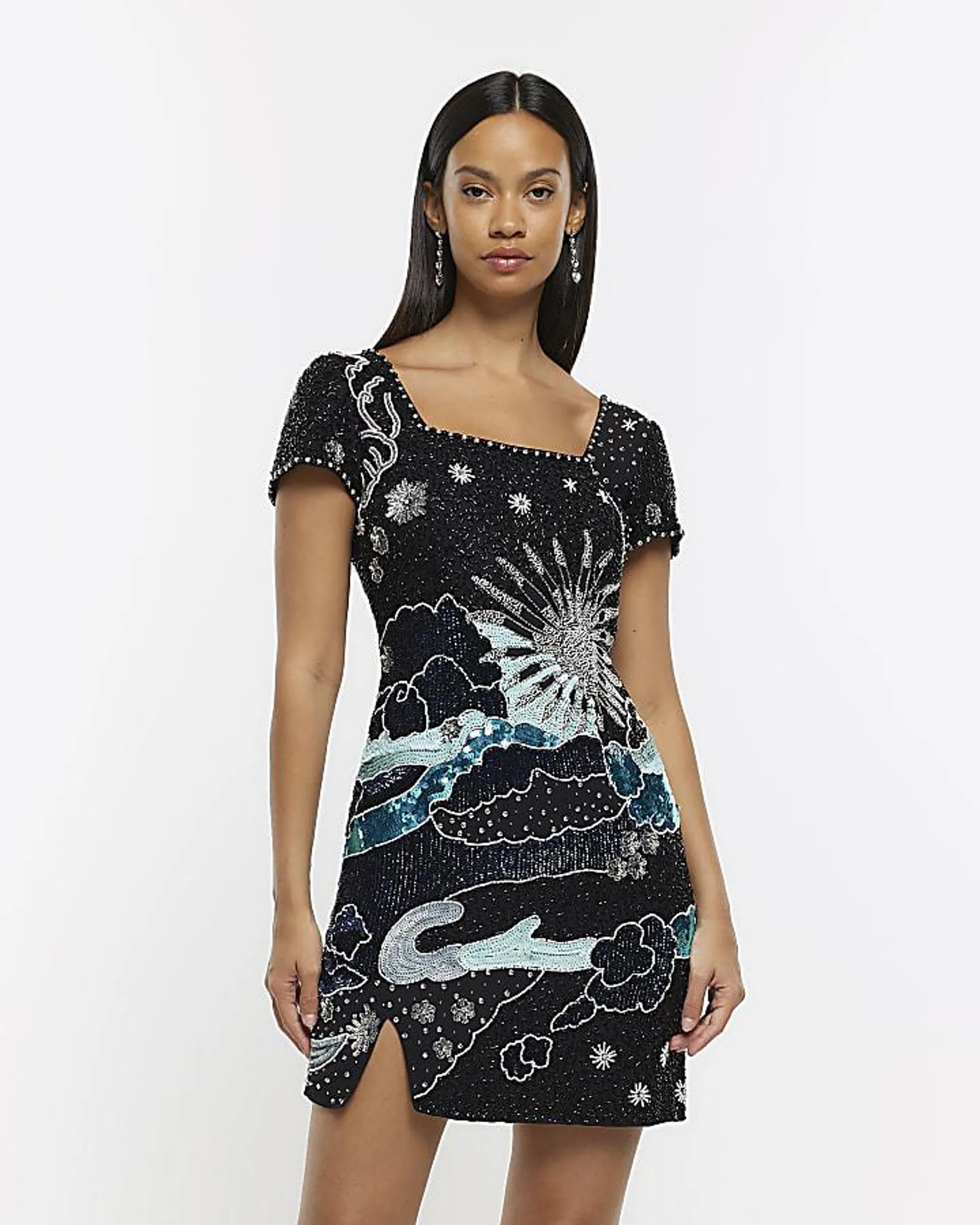 Black silk sequin detail bodycon mini dress