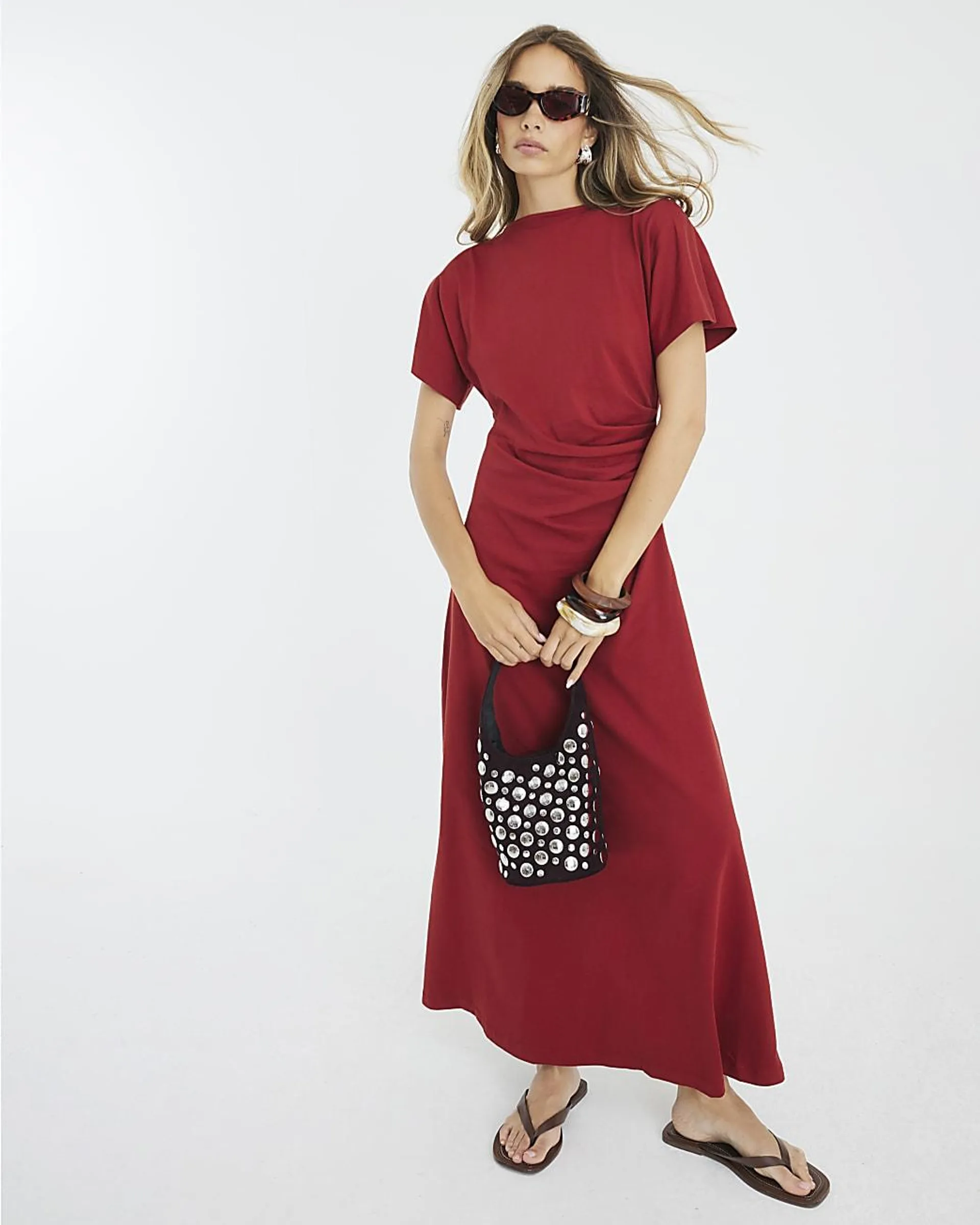 Red Short Sleeve Drape Side Midi Dress