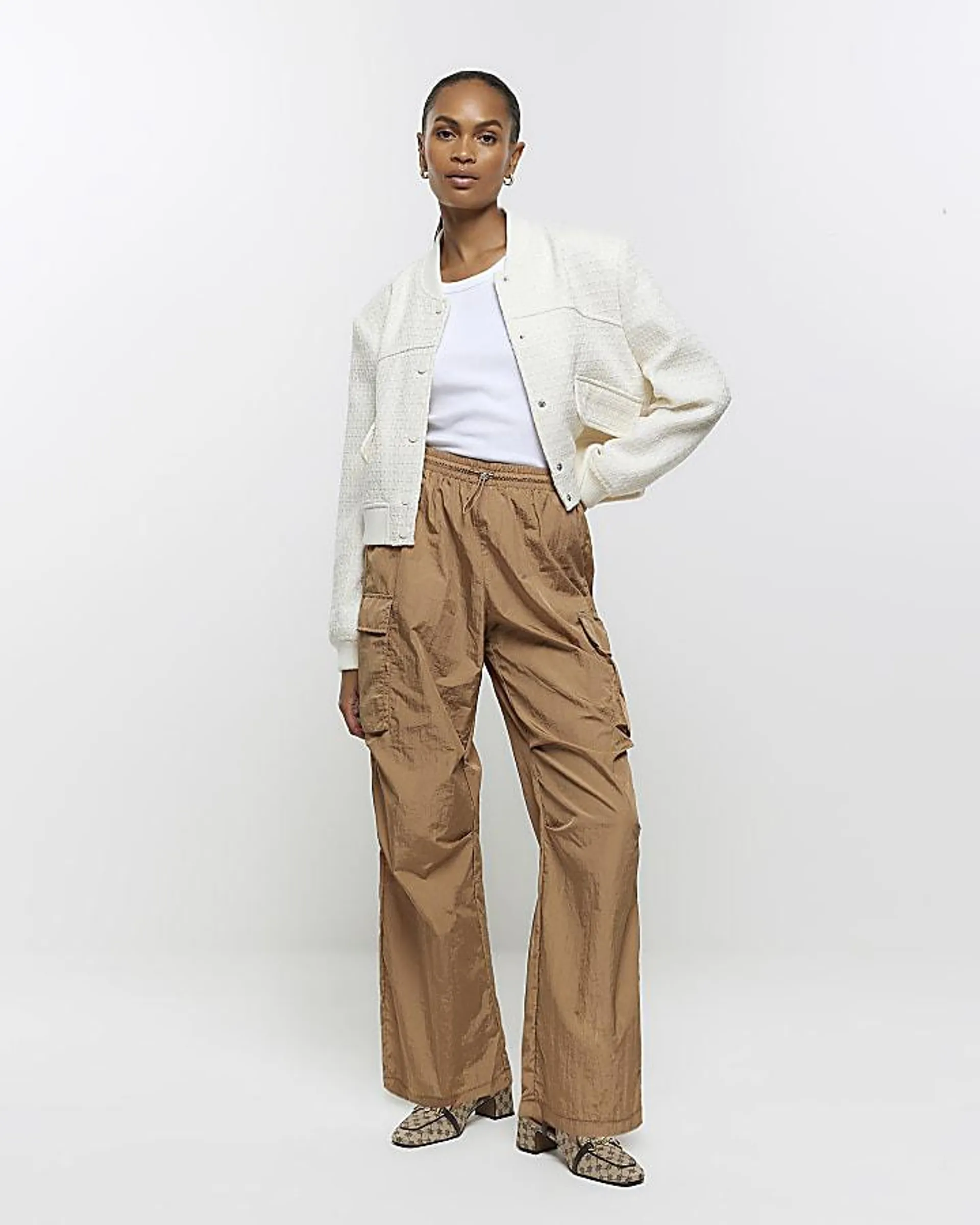Beige Straight Leg Cargo Parachute Trousers