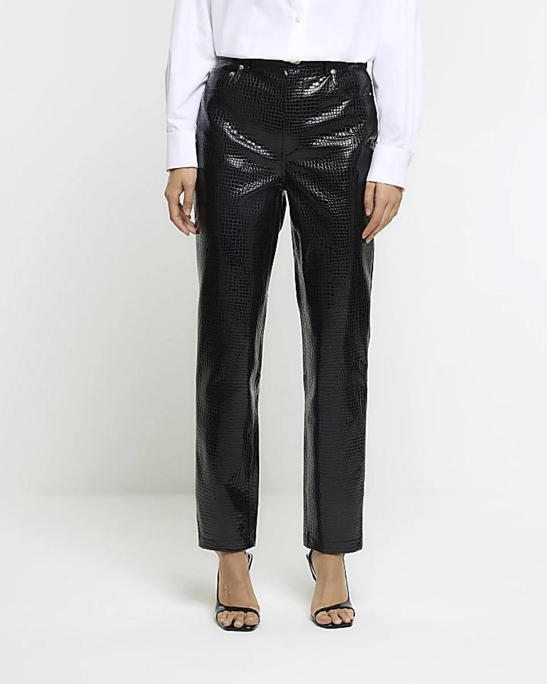 Black croc embossed straight trousers