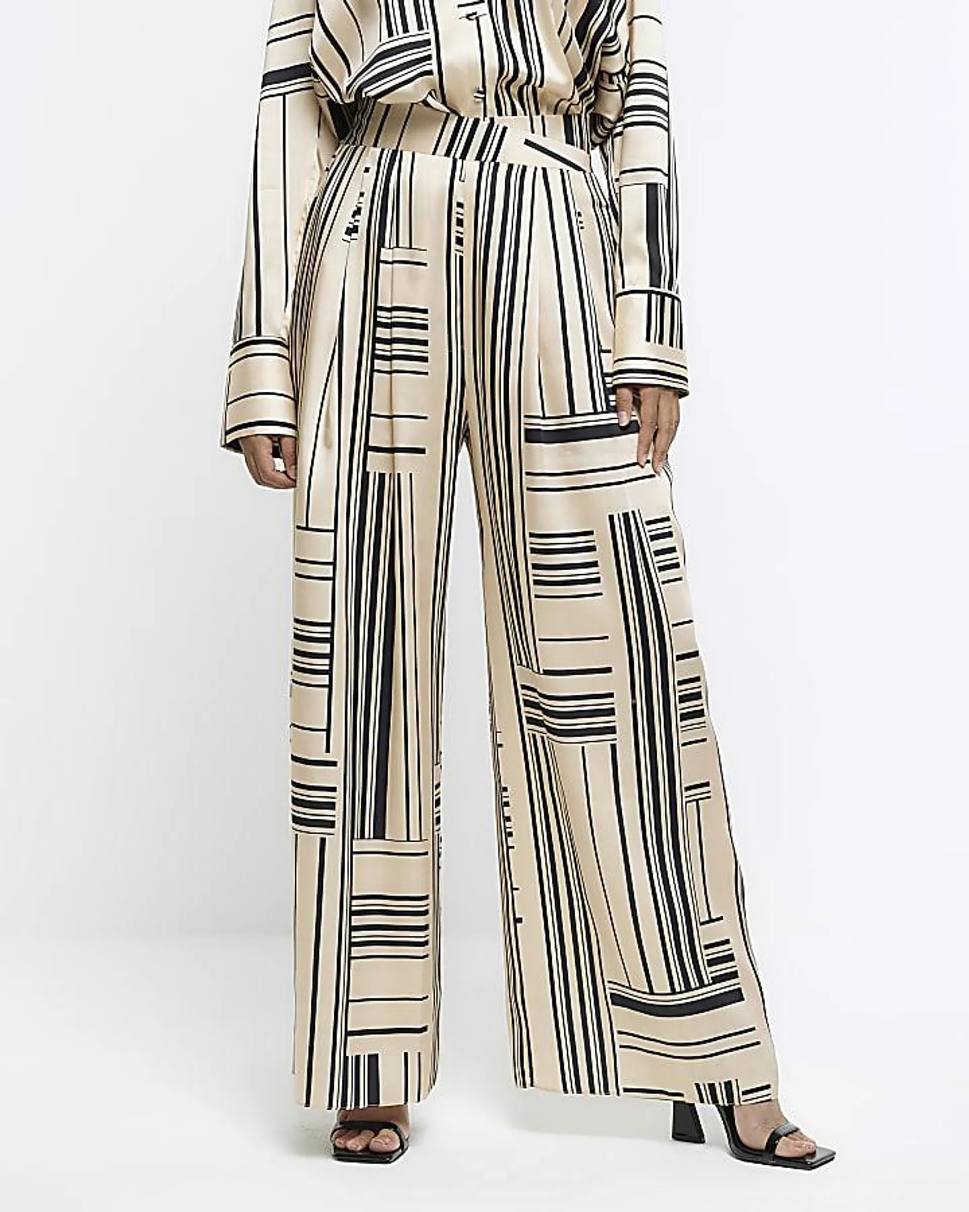Cream stripe satin wide leg trousers