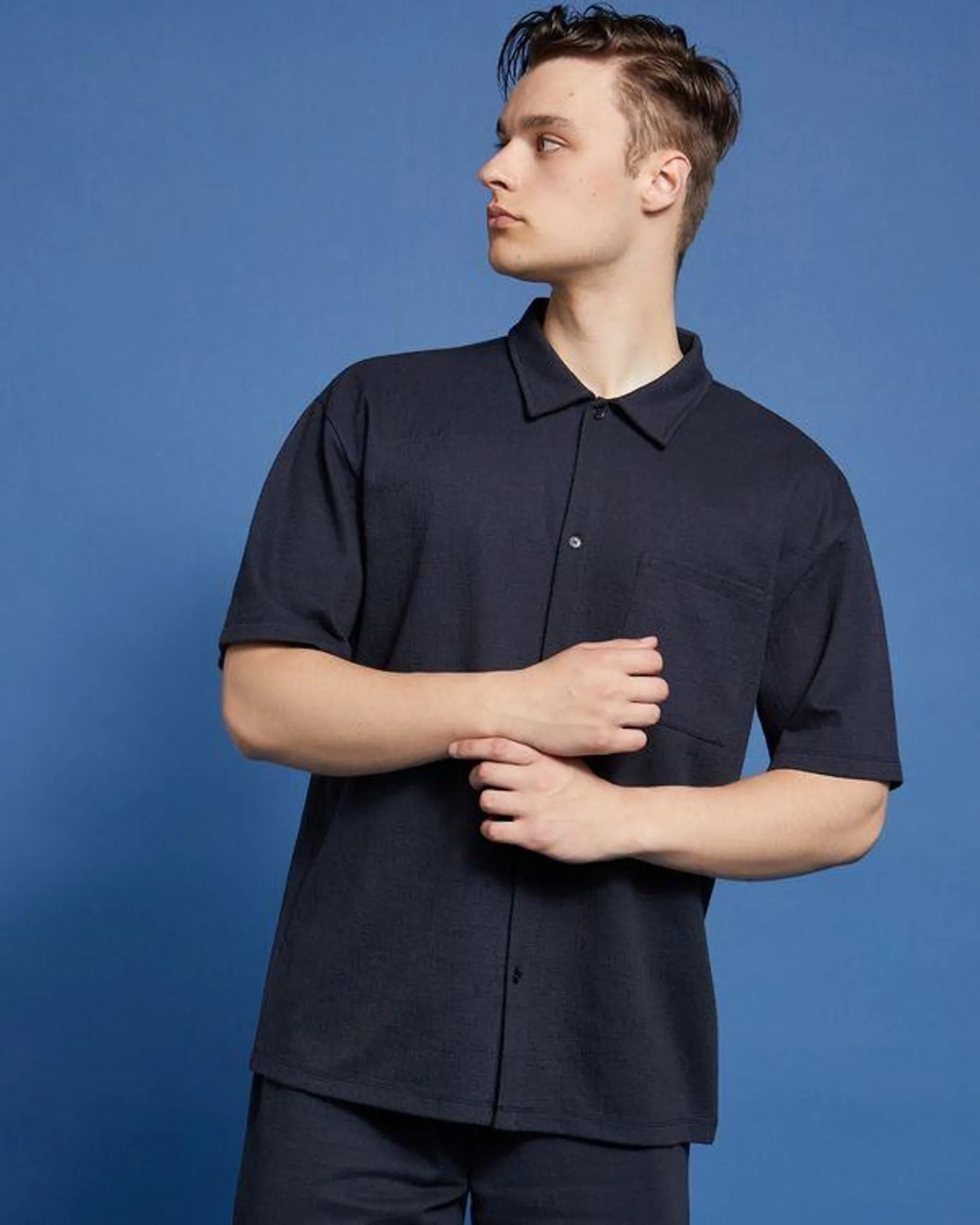 Paul Galvin Navy Textured Short-Sleeved Shirt