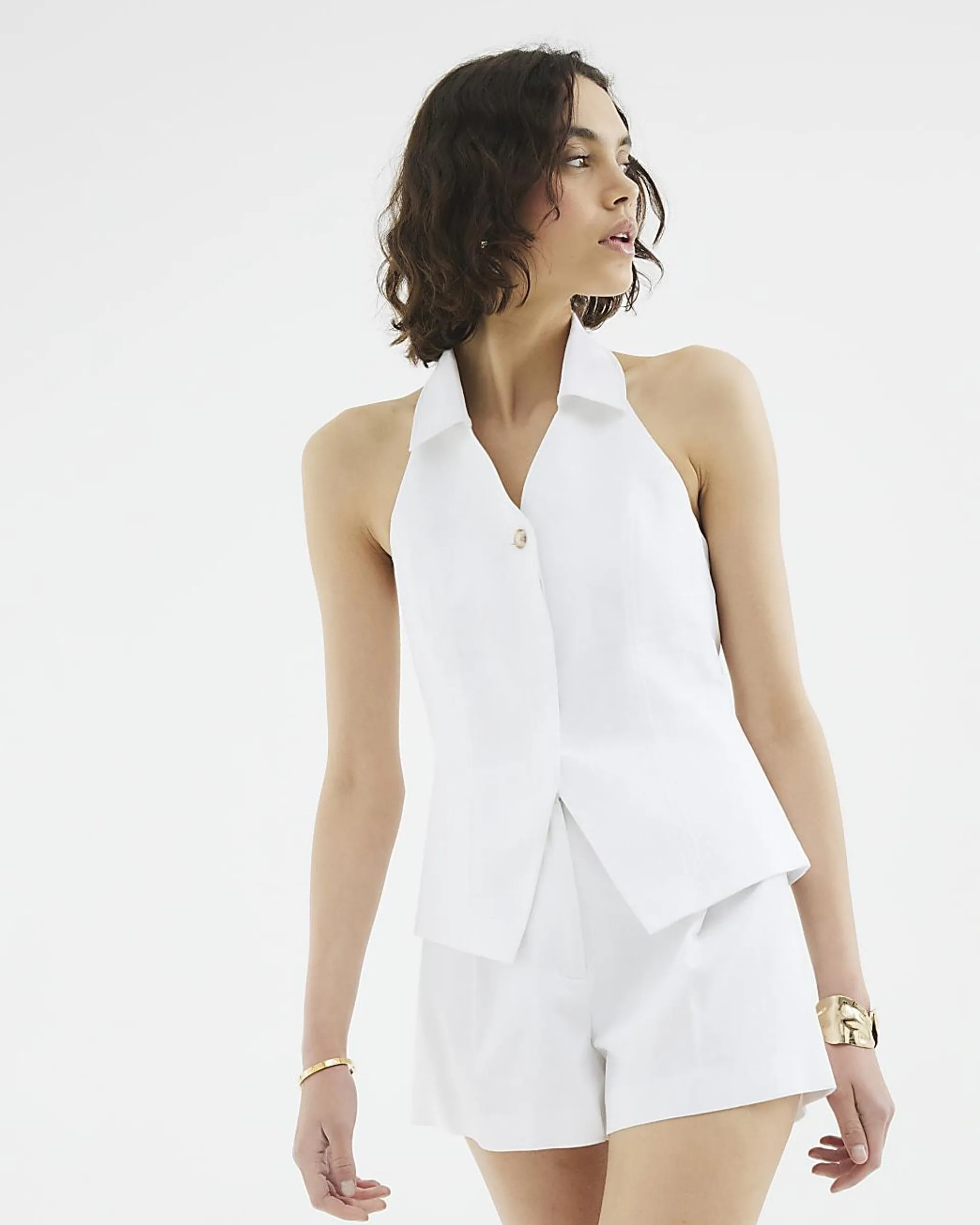 White Linen Blend Halter Neck Top