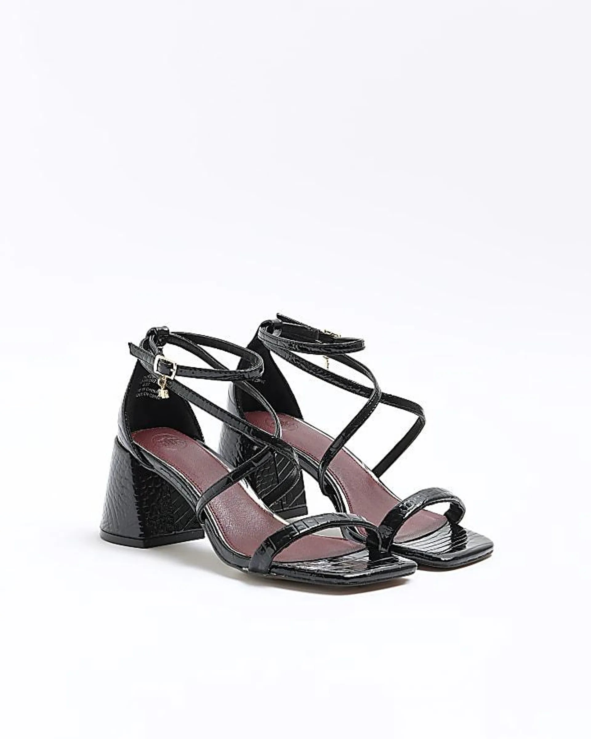 Black croc embossed block heel sandals