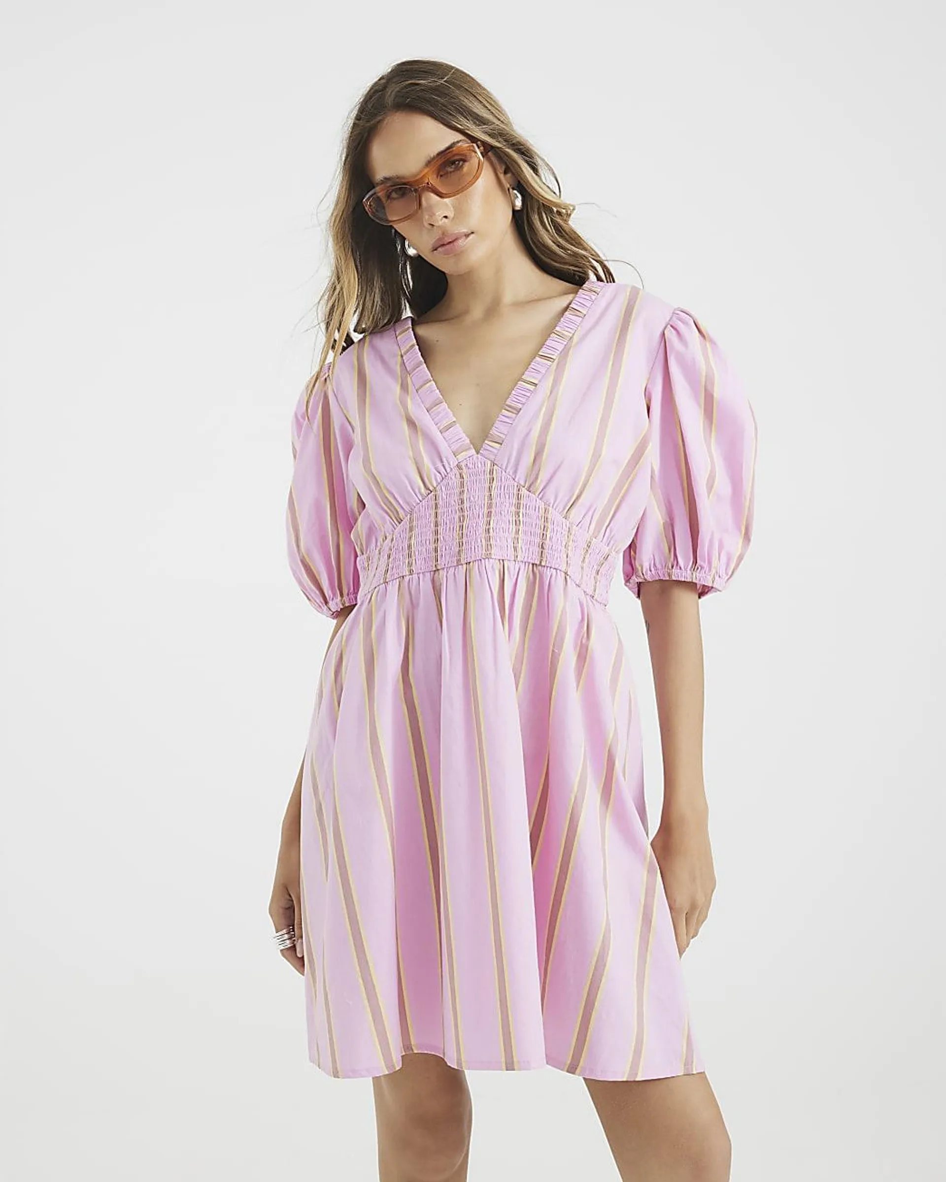 Pink Short Puff Sleeve Stripe Mini Dress