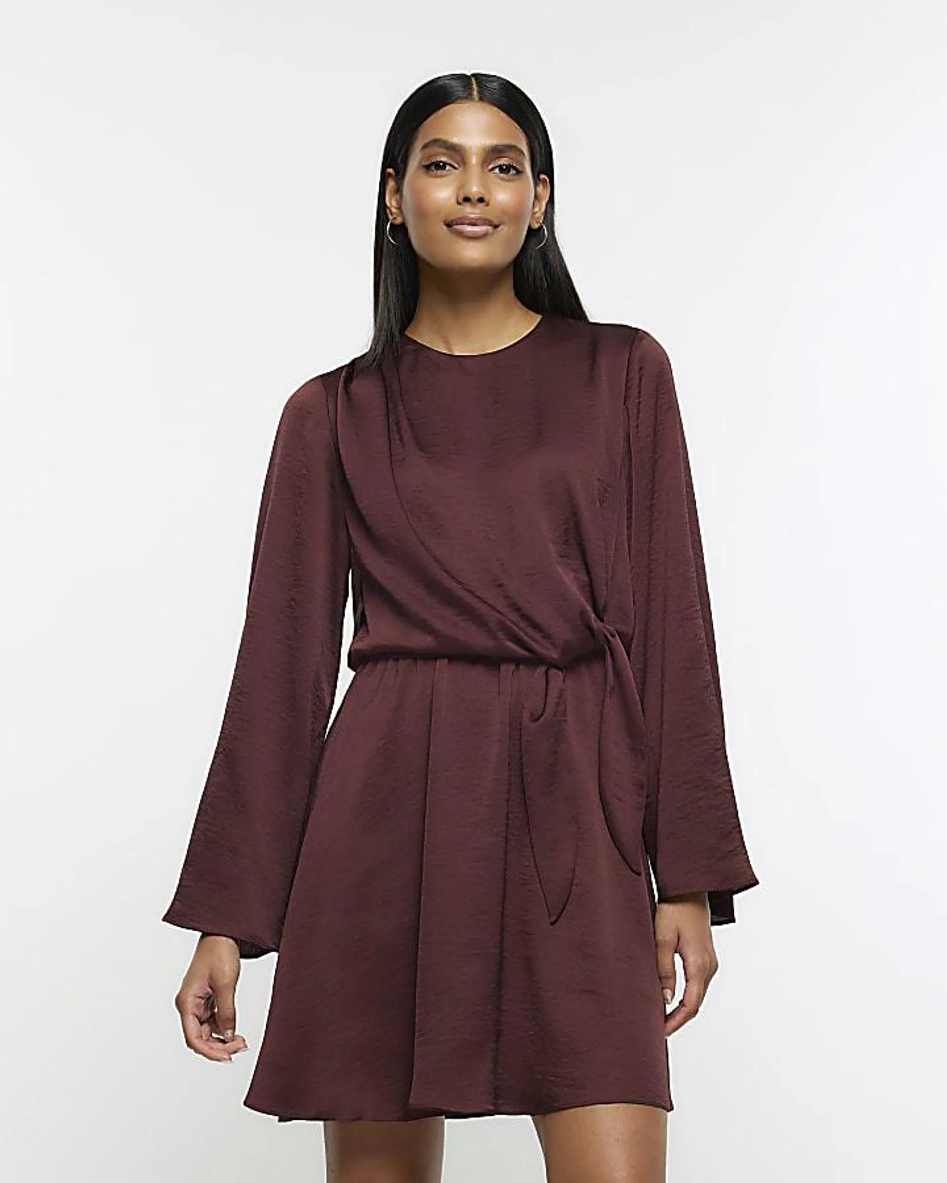 Brown Front Knot Mini Dress