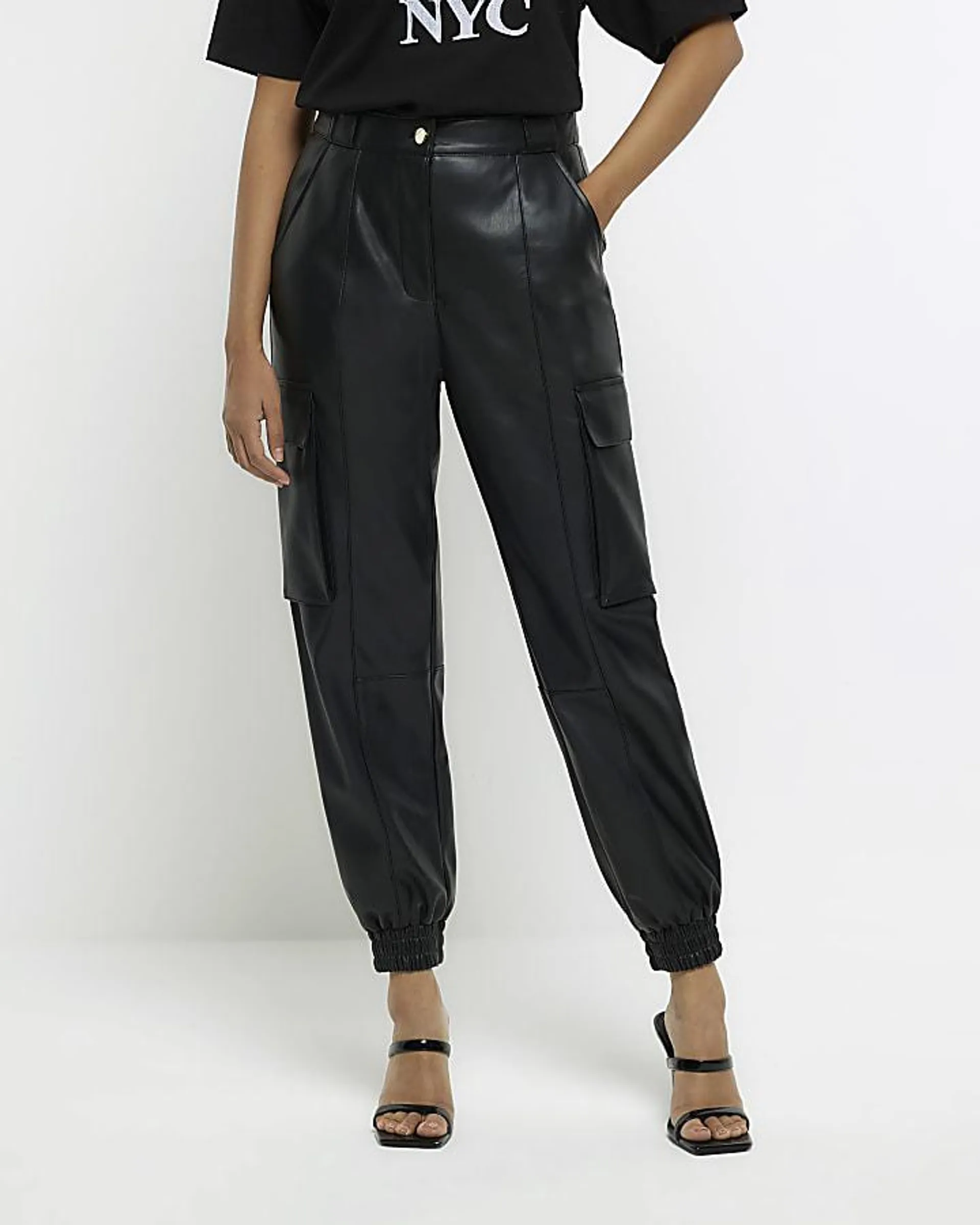 Black faux leather utility cargo trousers