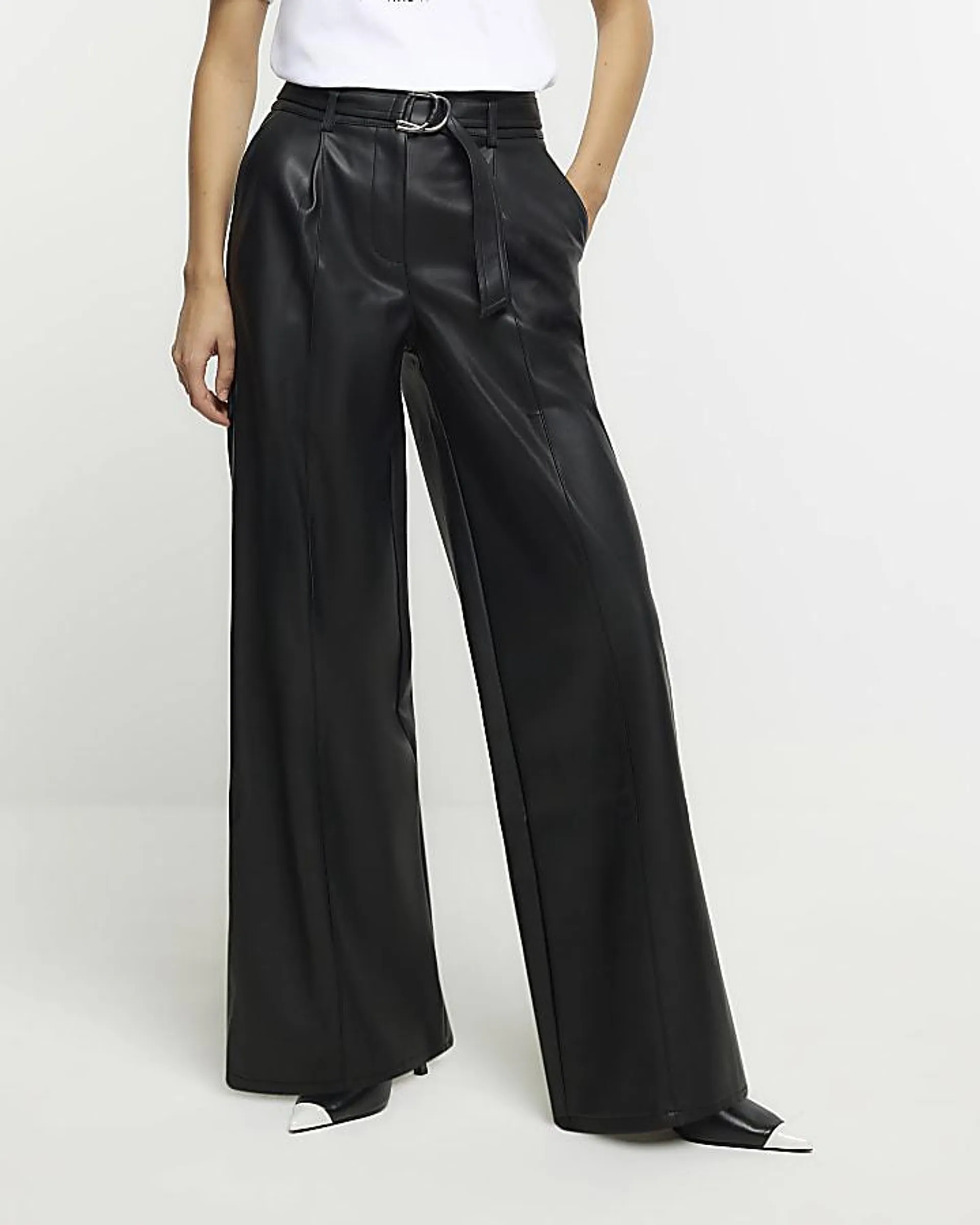 Black faux leather belted straight trousers