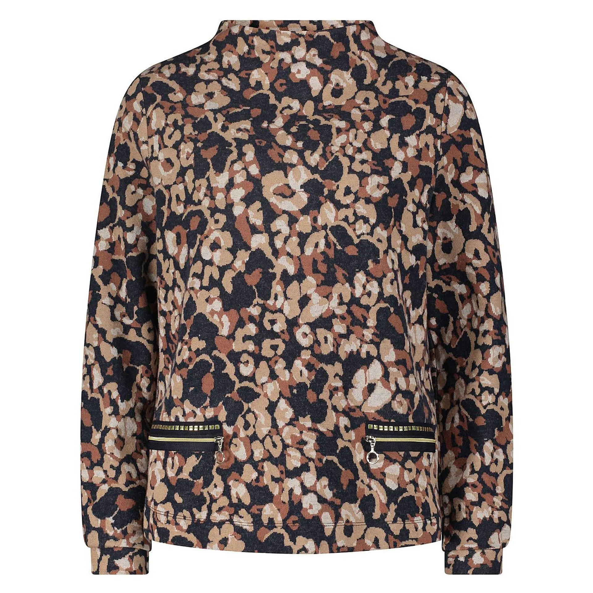 Printed Zip Studded Pockets Sweater