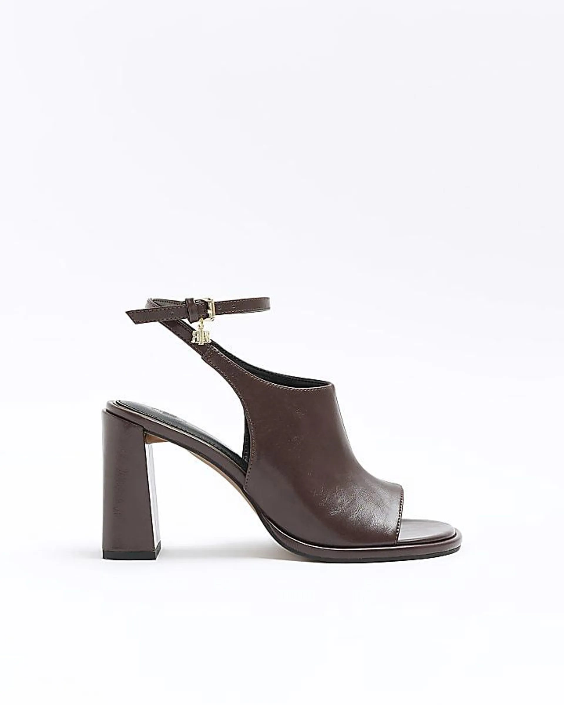 Brown open toe block heeled shoes
