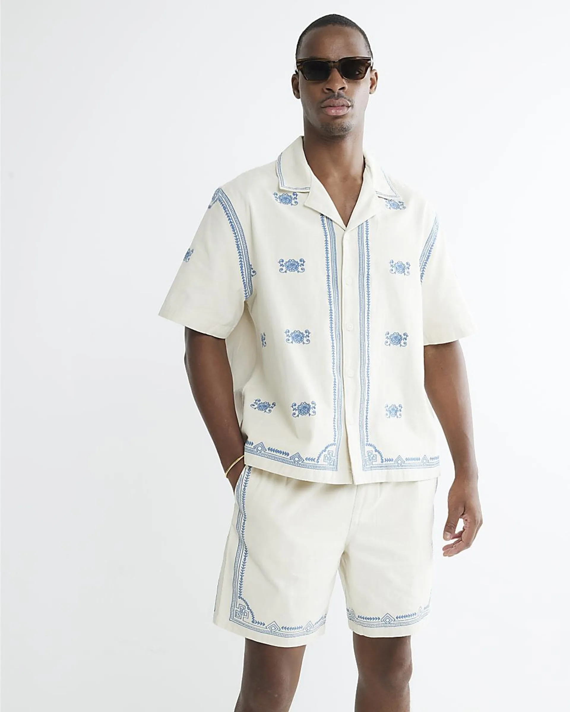 White Regular Fit Border Embroidered Shirt