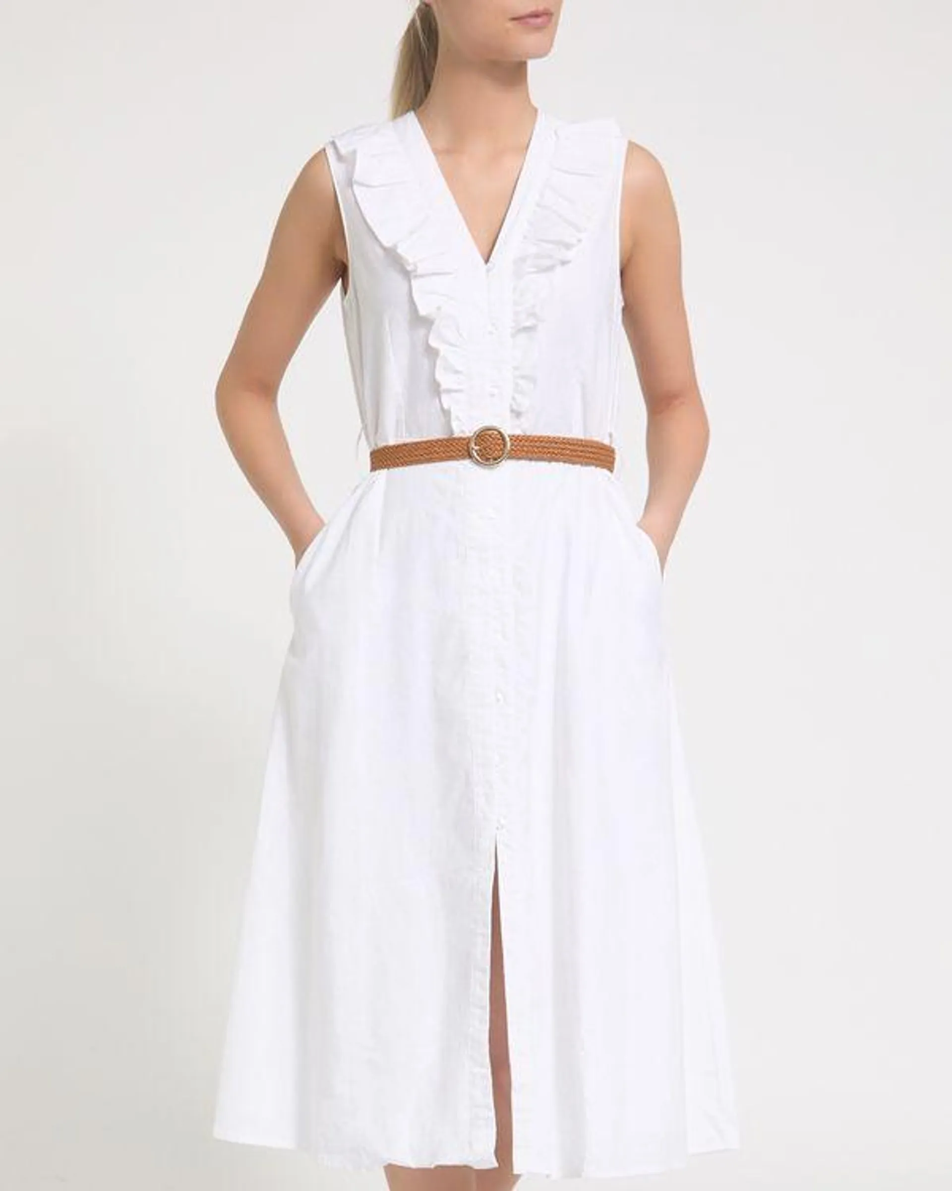 Belted White Linen Blend Midi Dress