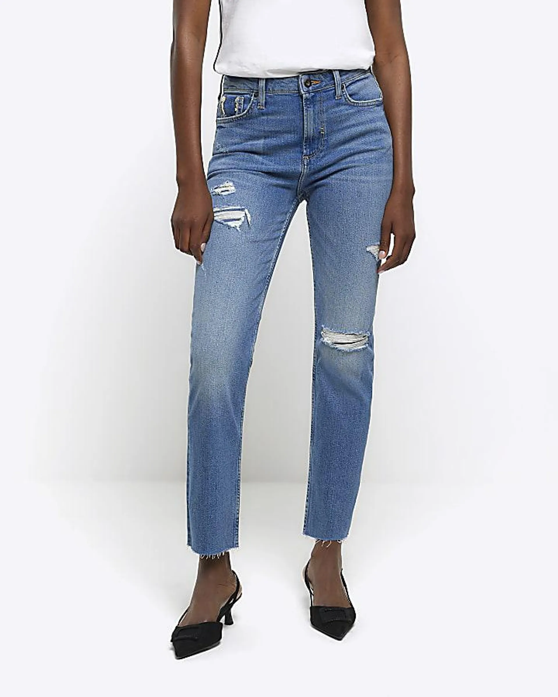 Blue high waisted slim fit ripped jeans