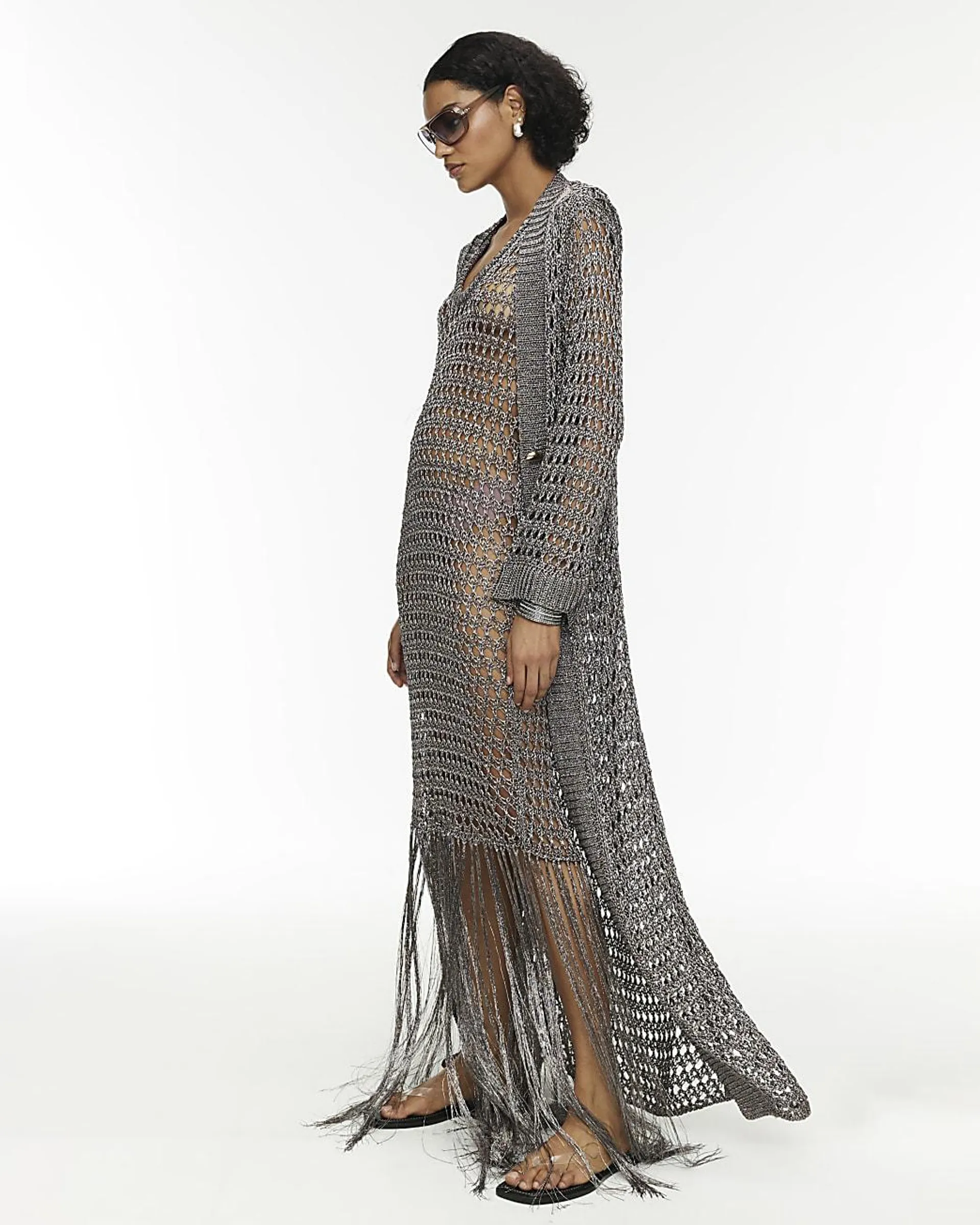 RI Studio Metallic Grey Maxi Crochet Cardigan