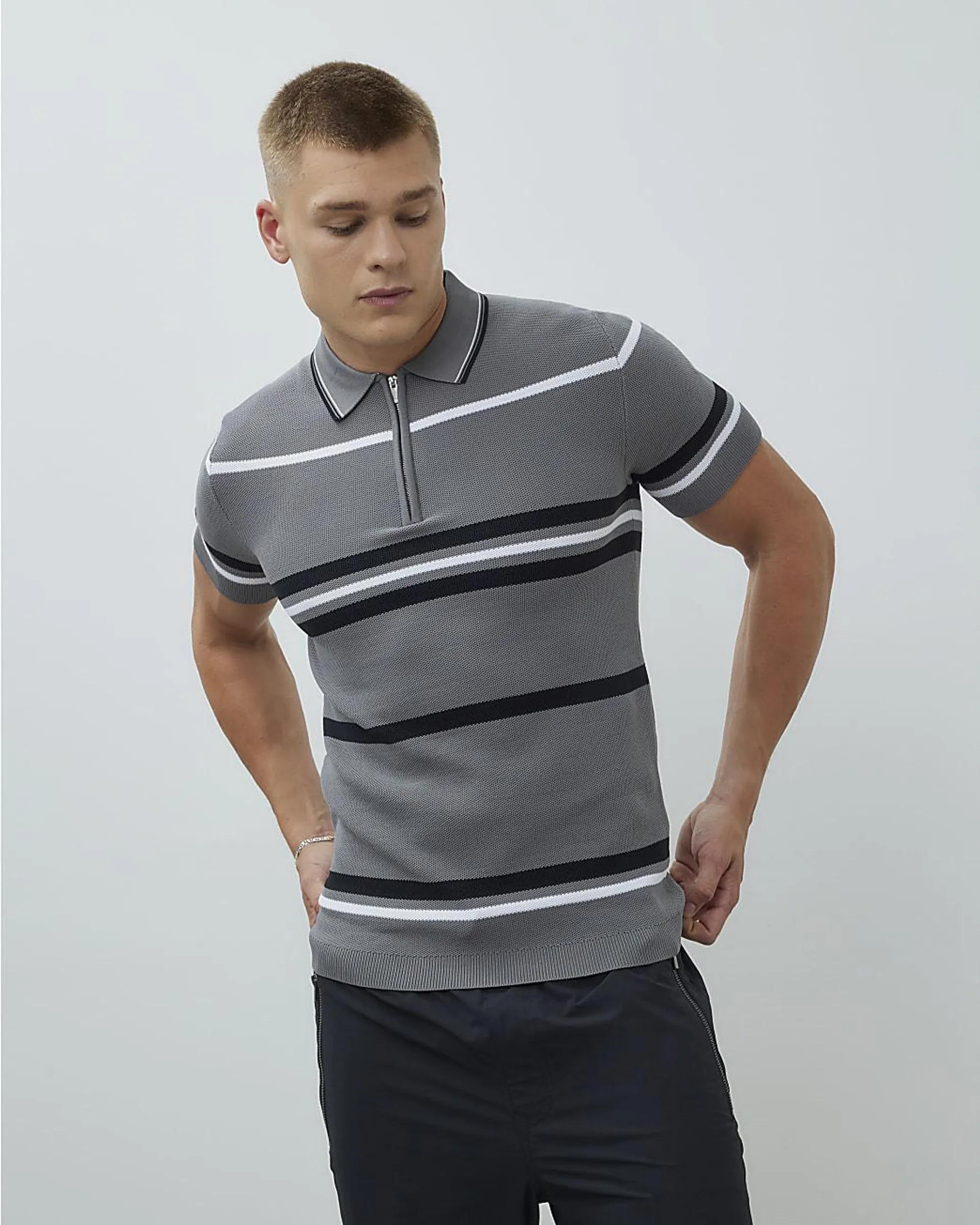 Grey Muscle Fit Colour Blocked Polo Shirt