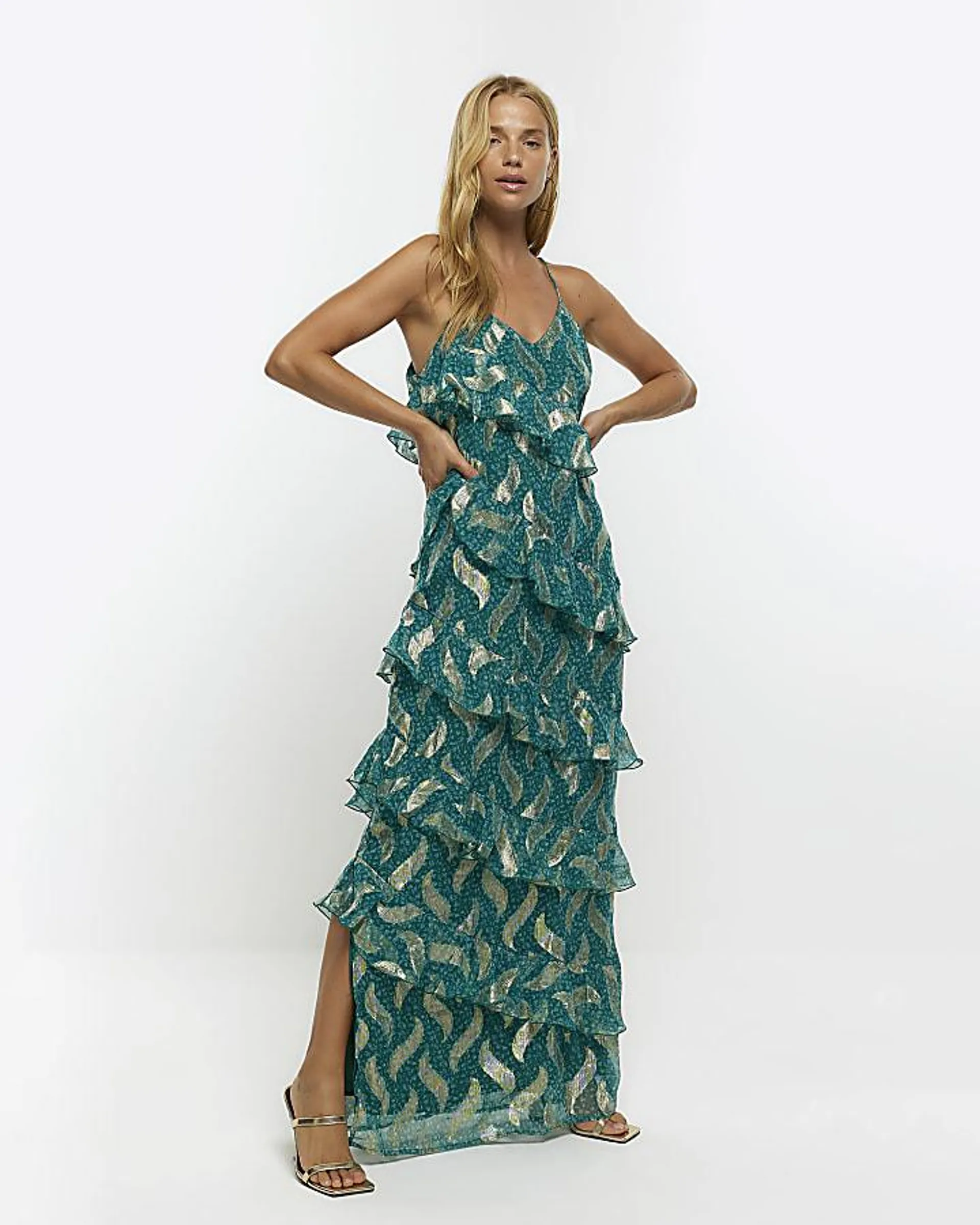 Green animal print frill bodycon maxi dress