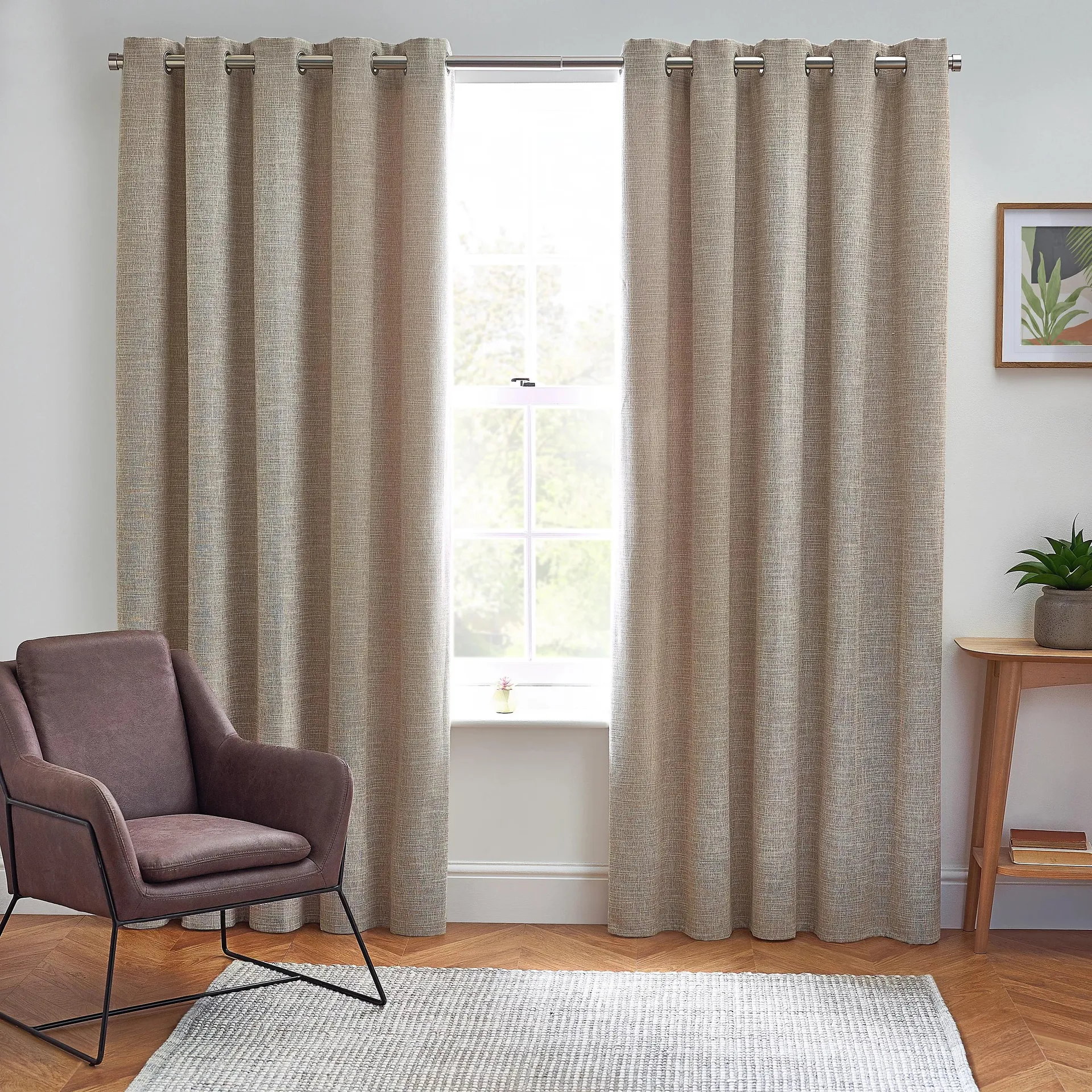 Elisa Warm Beige Slub Lined Eyelet Curtains (W)228cm (L)228cm, Pair