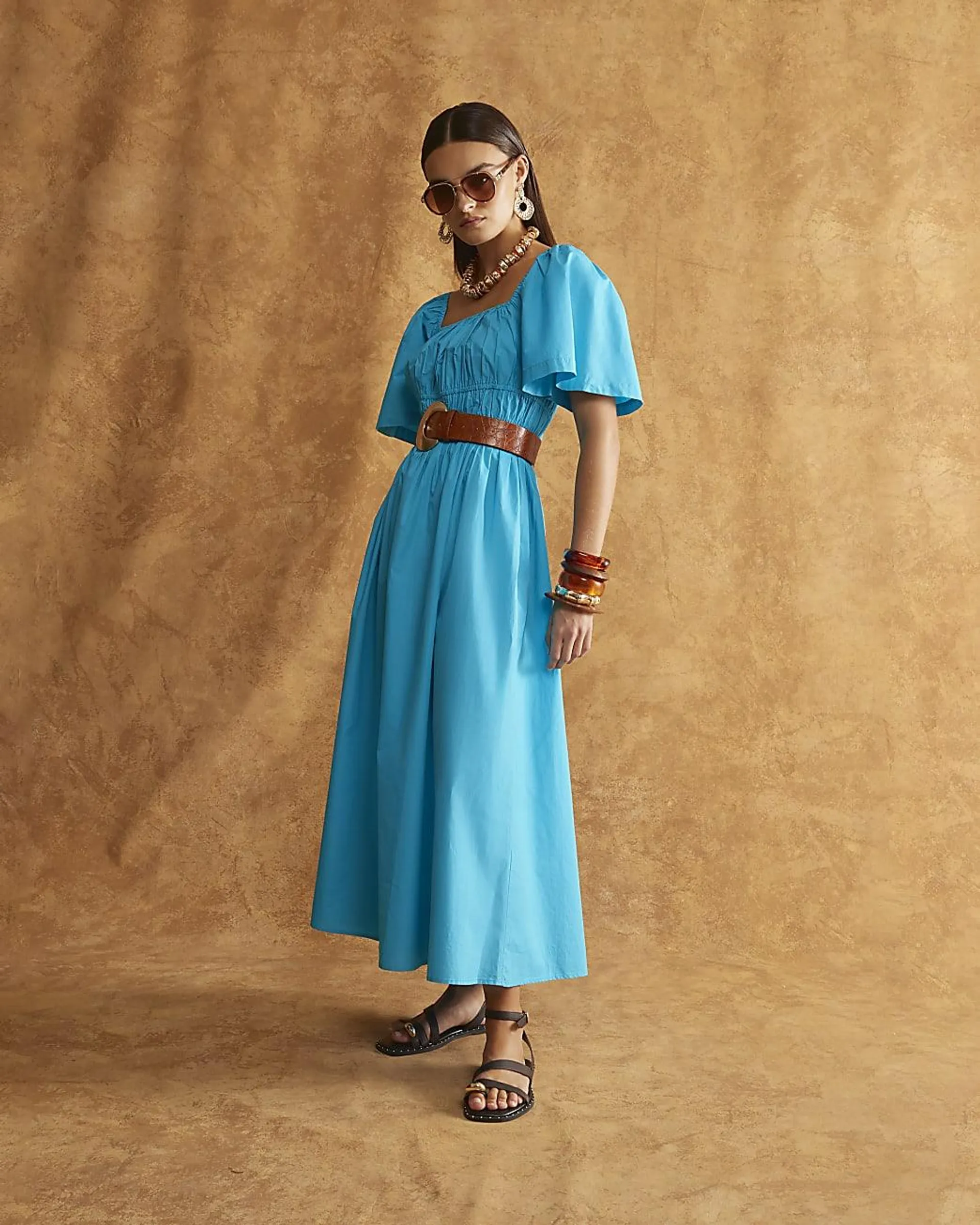 Blue Short Sleeve Shirred Midi Dress