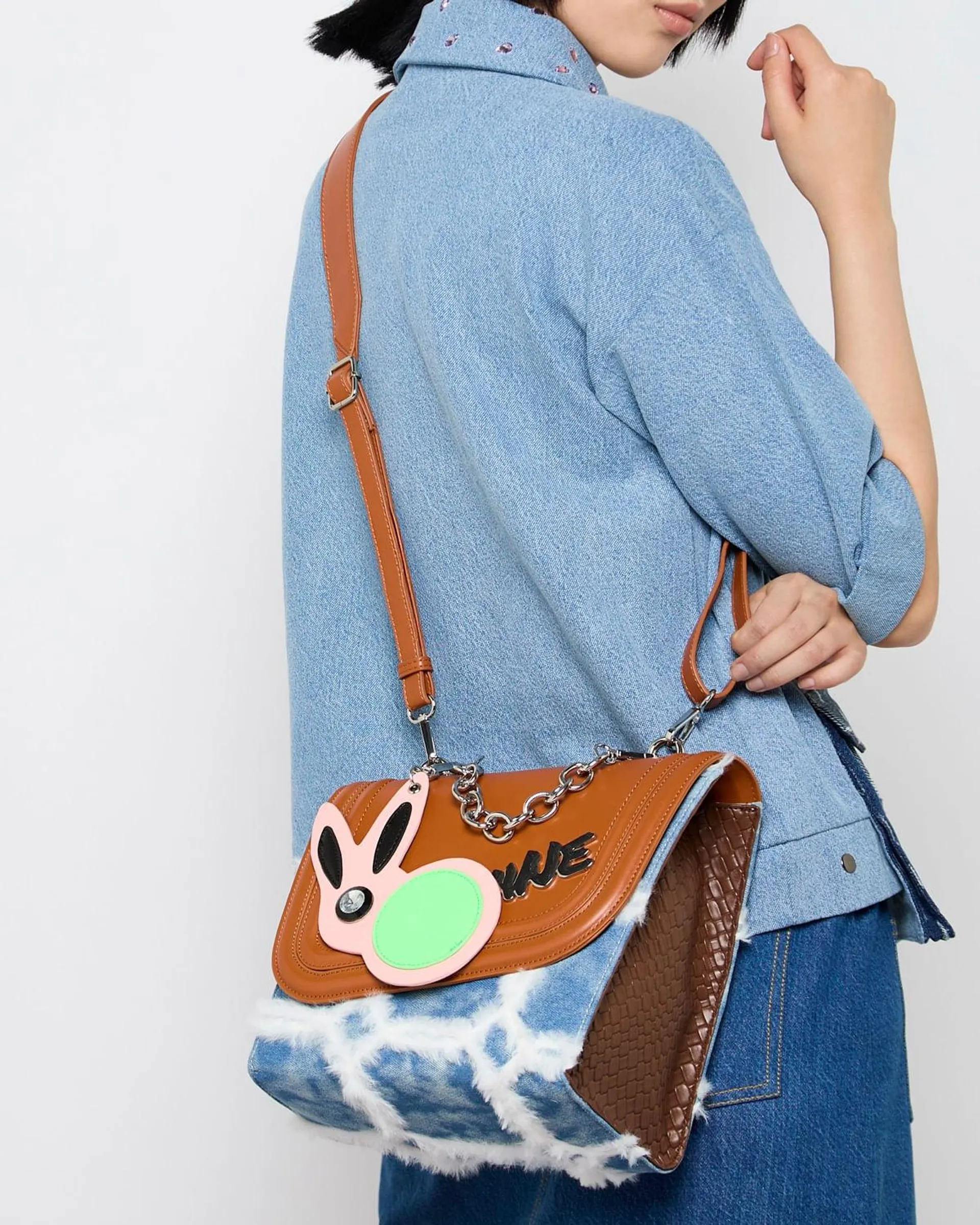 Joanne Hynes 'MINE' Faux-Feather Denim Satchel Bag With PU Rabbit Keyring