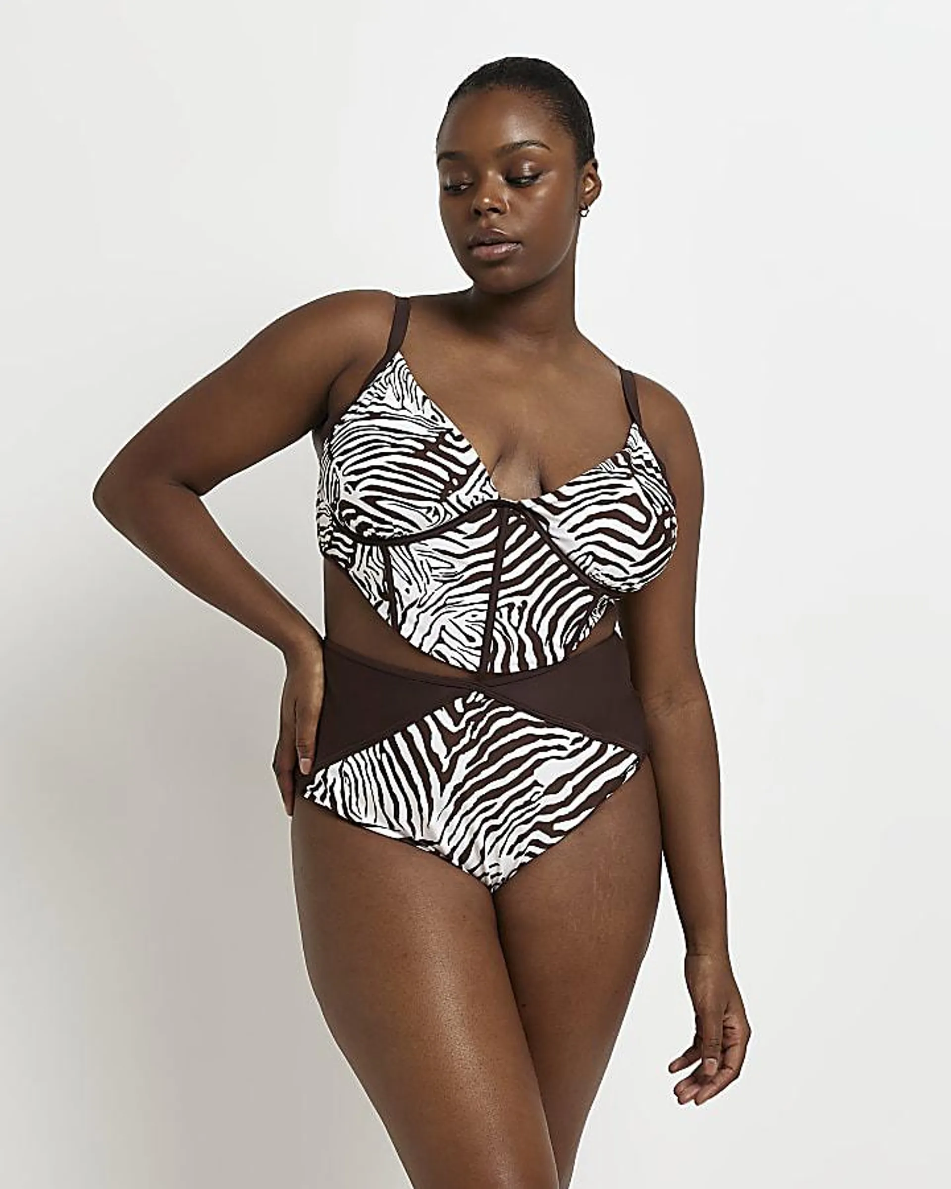 Plus brown animal print plunge bikini top