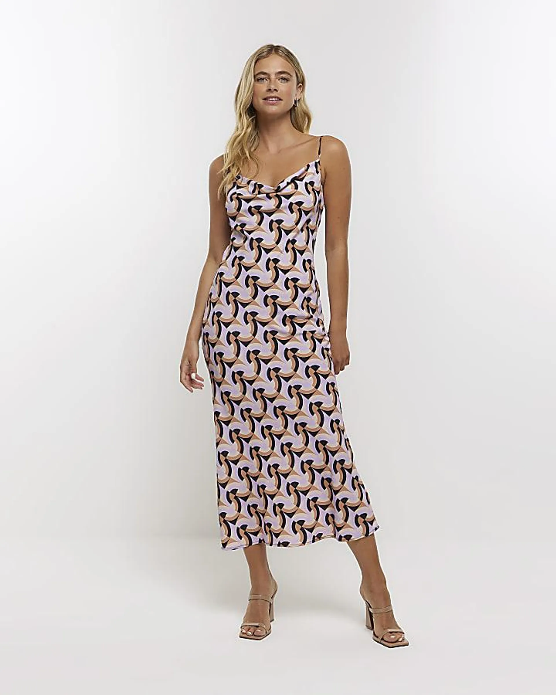 Purple print bodycon midi dress