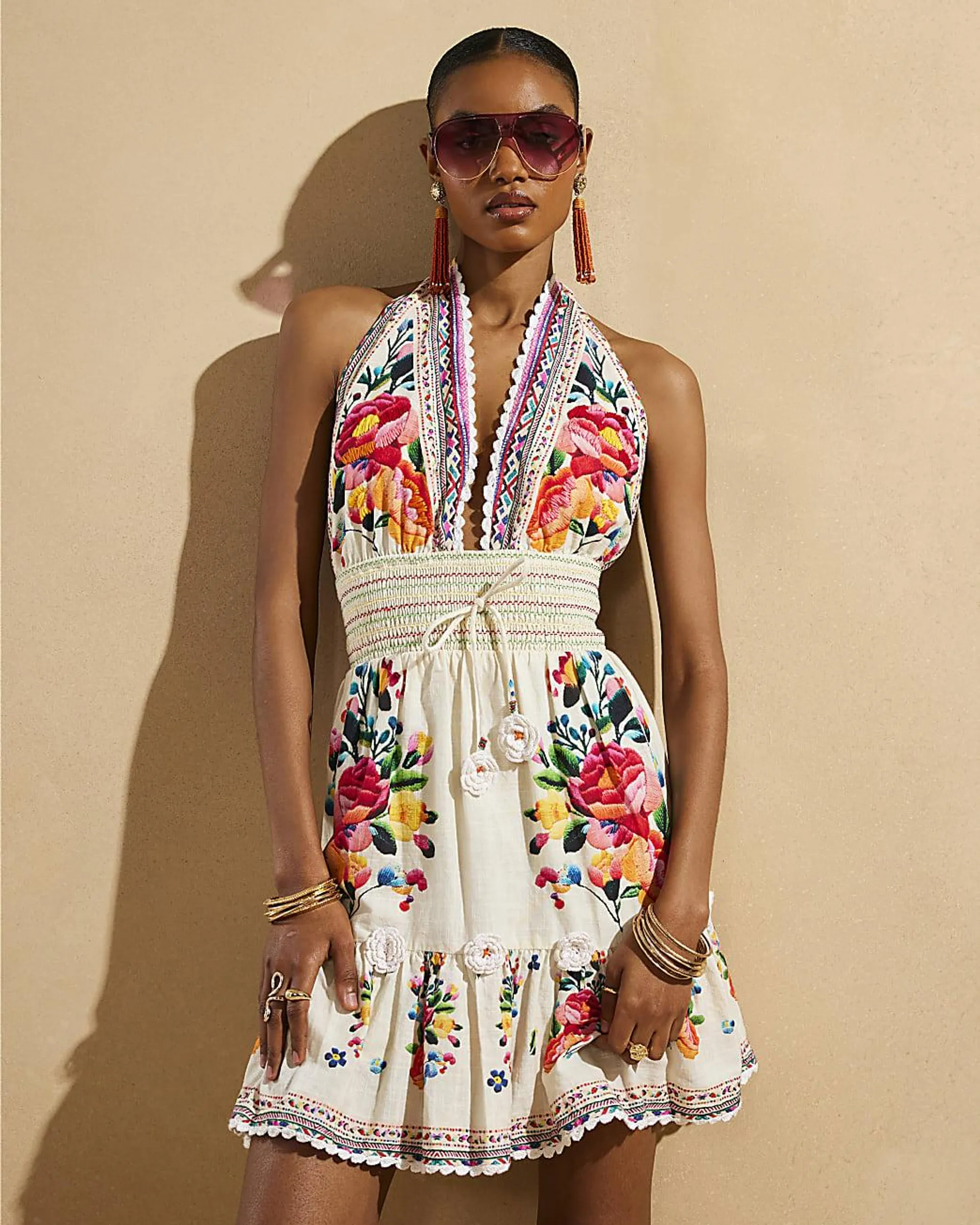 Cream Del Maar Floral Halter Neck Mini Dress